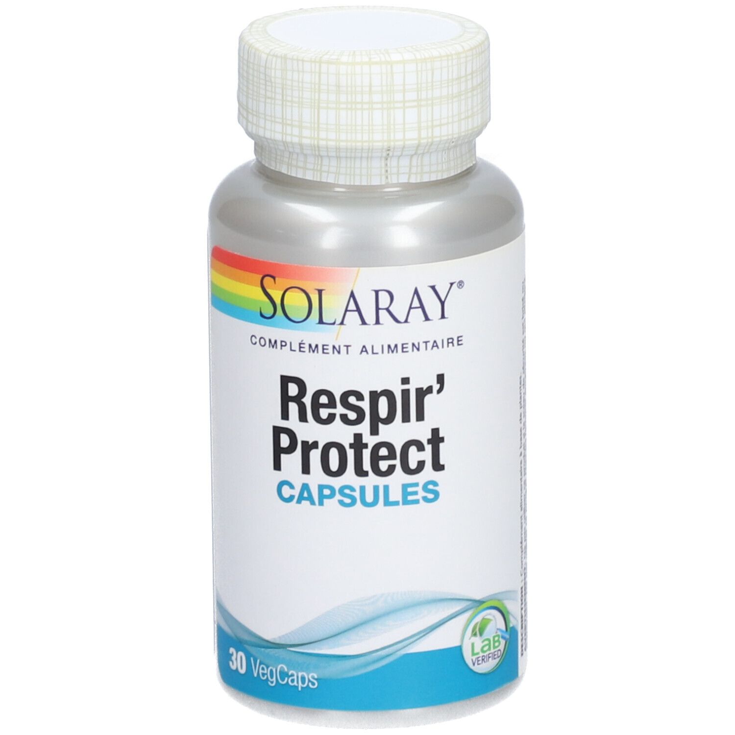 Flacon de capsules SOLARAY Respir' Protect. Inscription: CAPSULES. 30 VegCaps. Logo arc-en-ciel. Lab Verified.