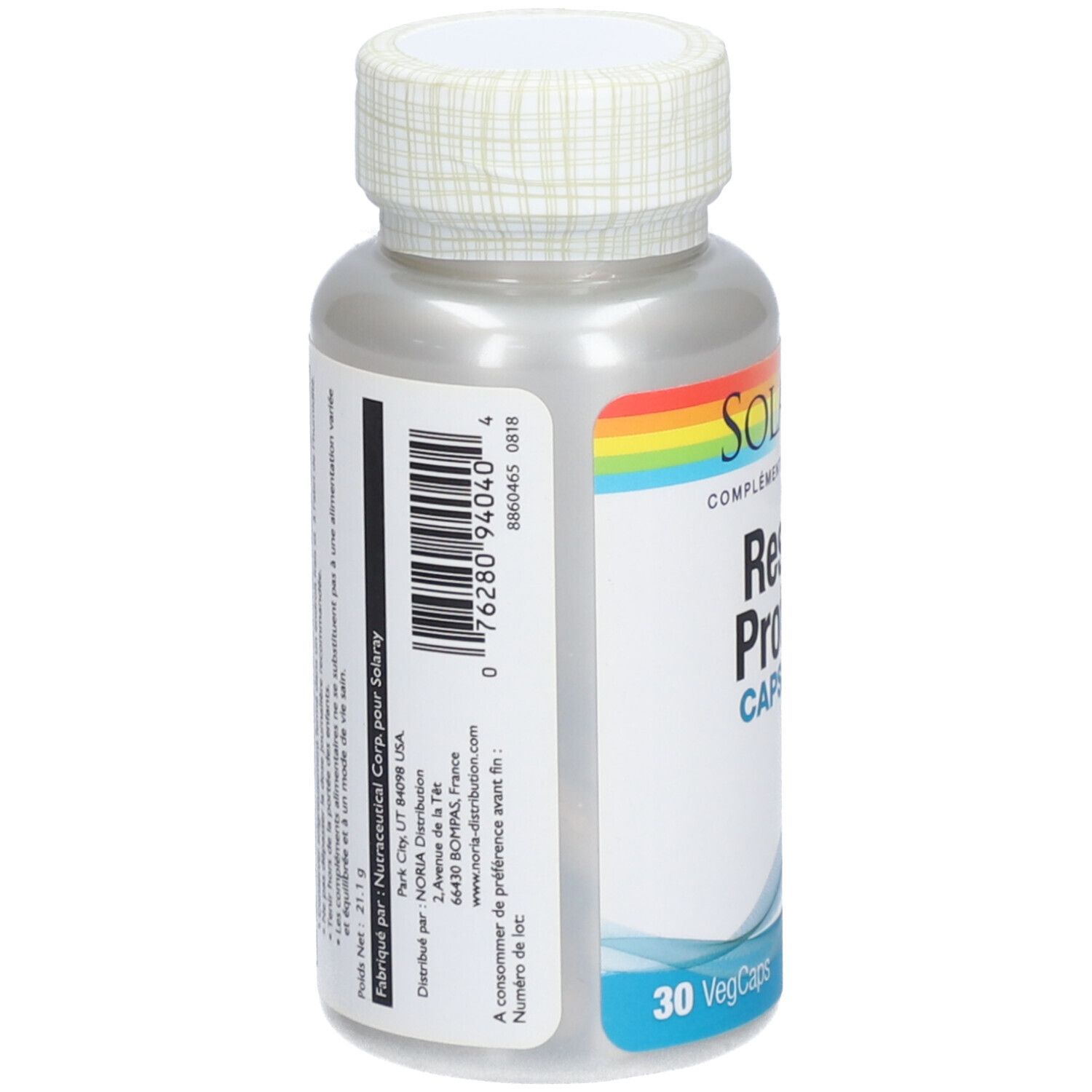 Flacon de capsules SOLARAY. Code-barres et étiquette d'informations. Inscription: 30 VegCaps. Lab Verified.