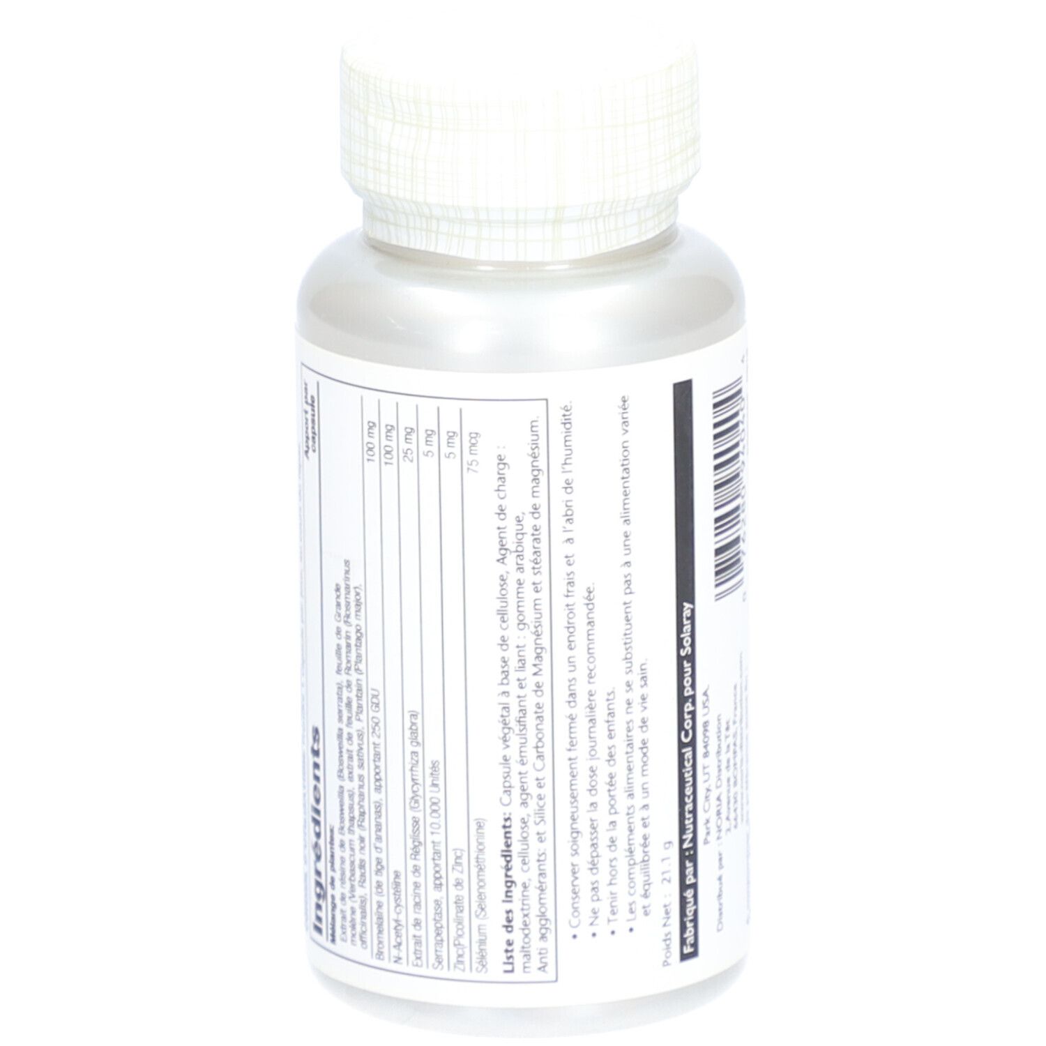 Flacon de capsules SOLARAY. Liste des ingrédients et informations nutritionnelles. Inscription: 30 VegCaps.