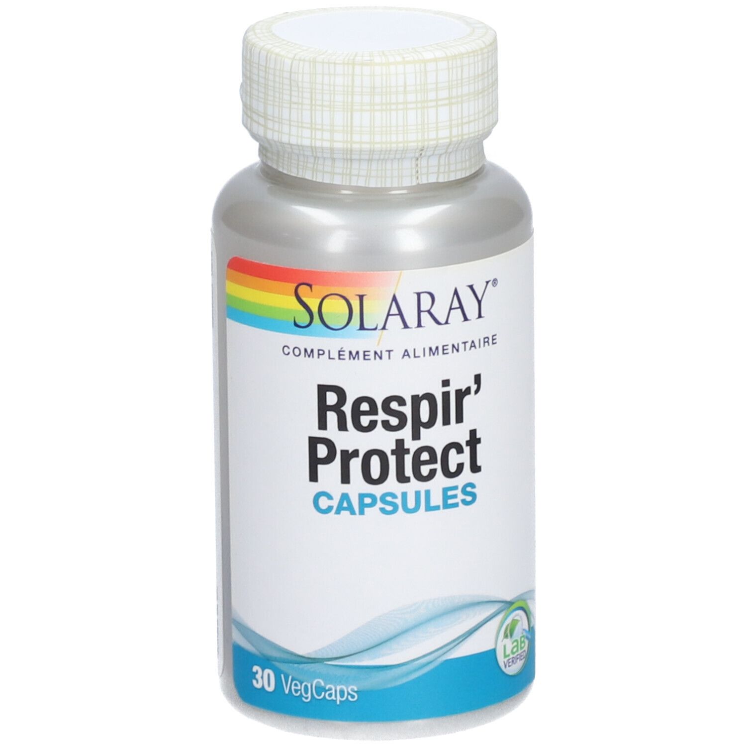 Flacon de capsules SOLARAY Respir' Protect. Inscription: CAPSULES. 30 VegCaps. Logo arc-en-ciel. Lab Verified.
