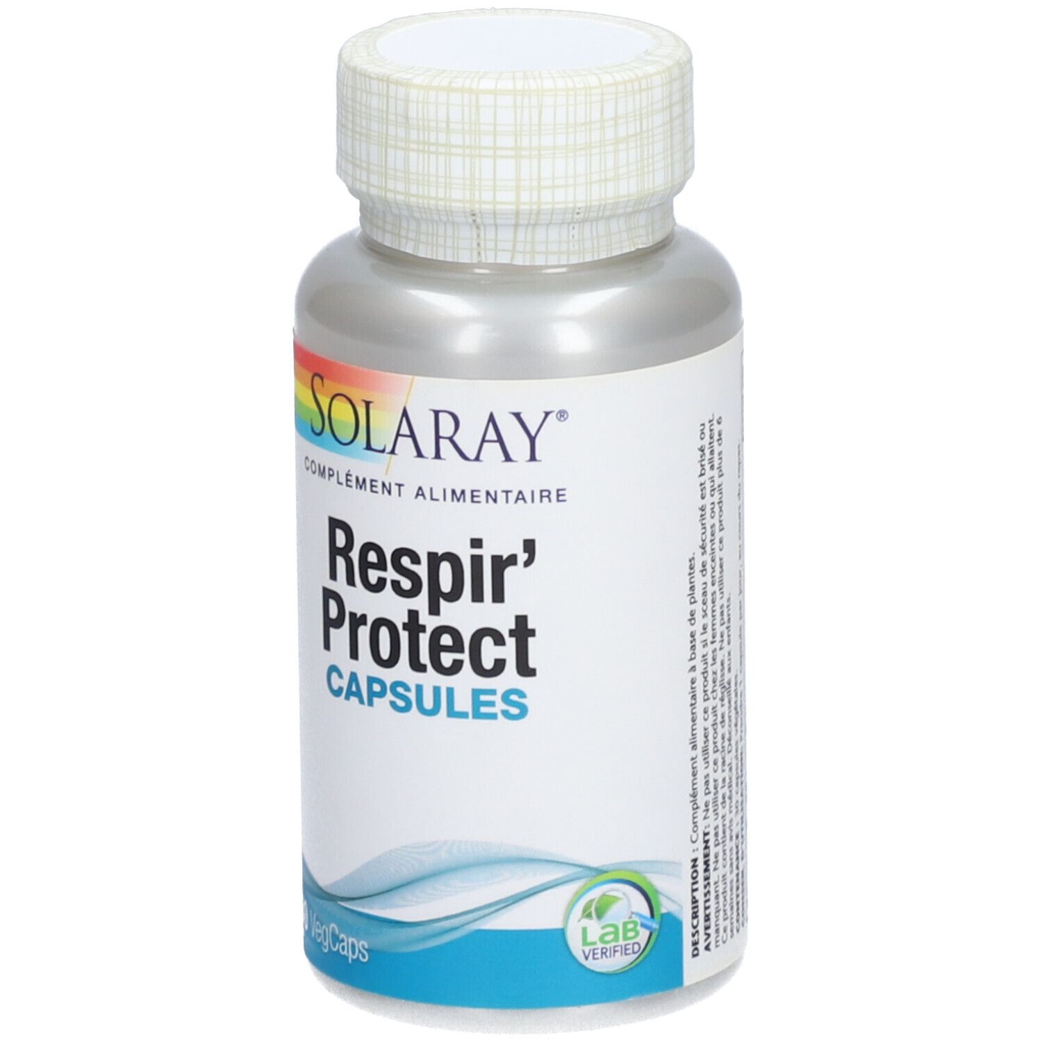 Flacon de capsules SOLARAY Respir' Protect. Inscription: CAPSULES. 30 VegCaps. Logo arc-en-ciel. Lab Verified.