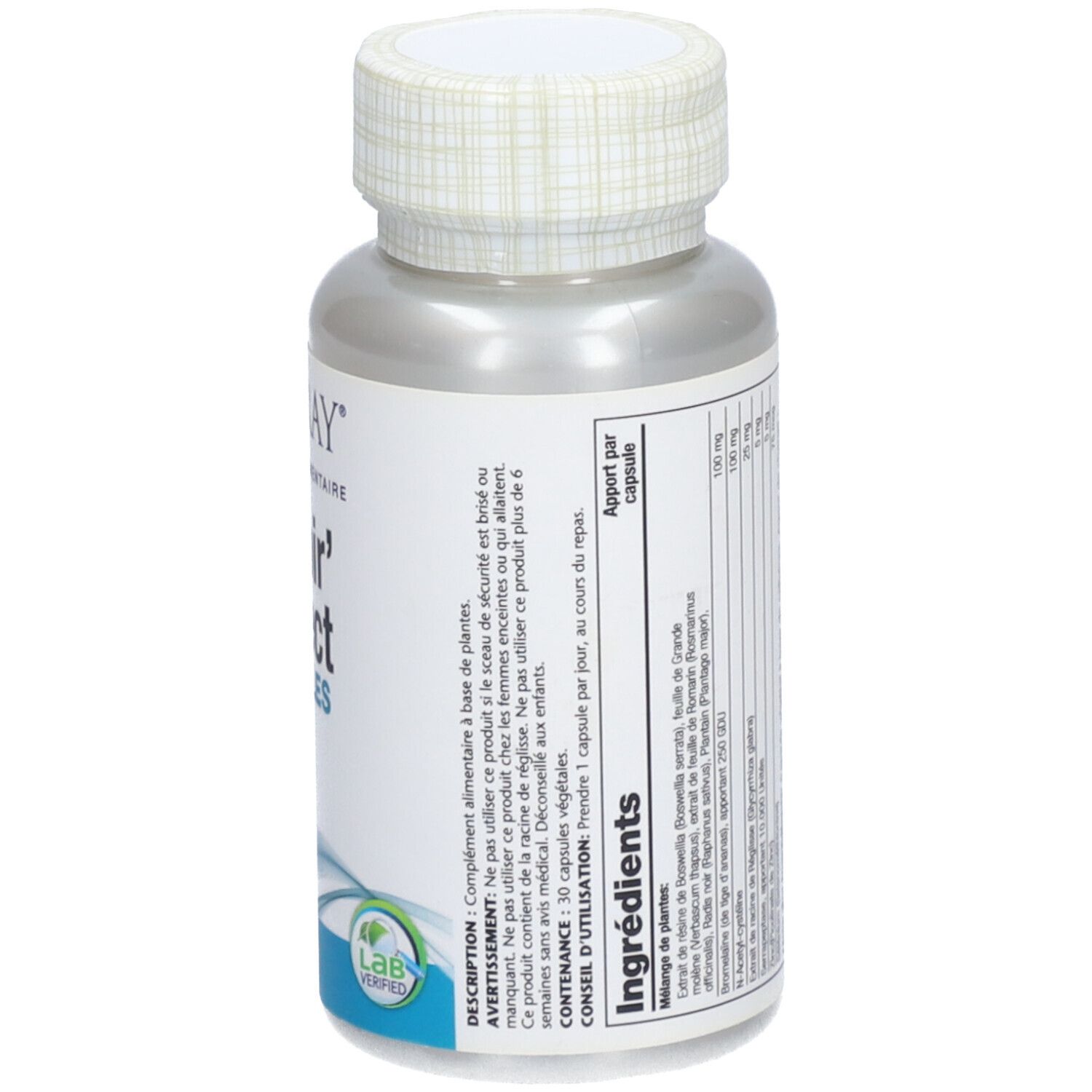 Flacon de capsules SOLARAY Respir' Protect. Inscription: CAPSULES. Liste des ingrédients. Lab Verified.
