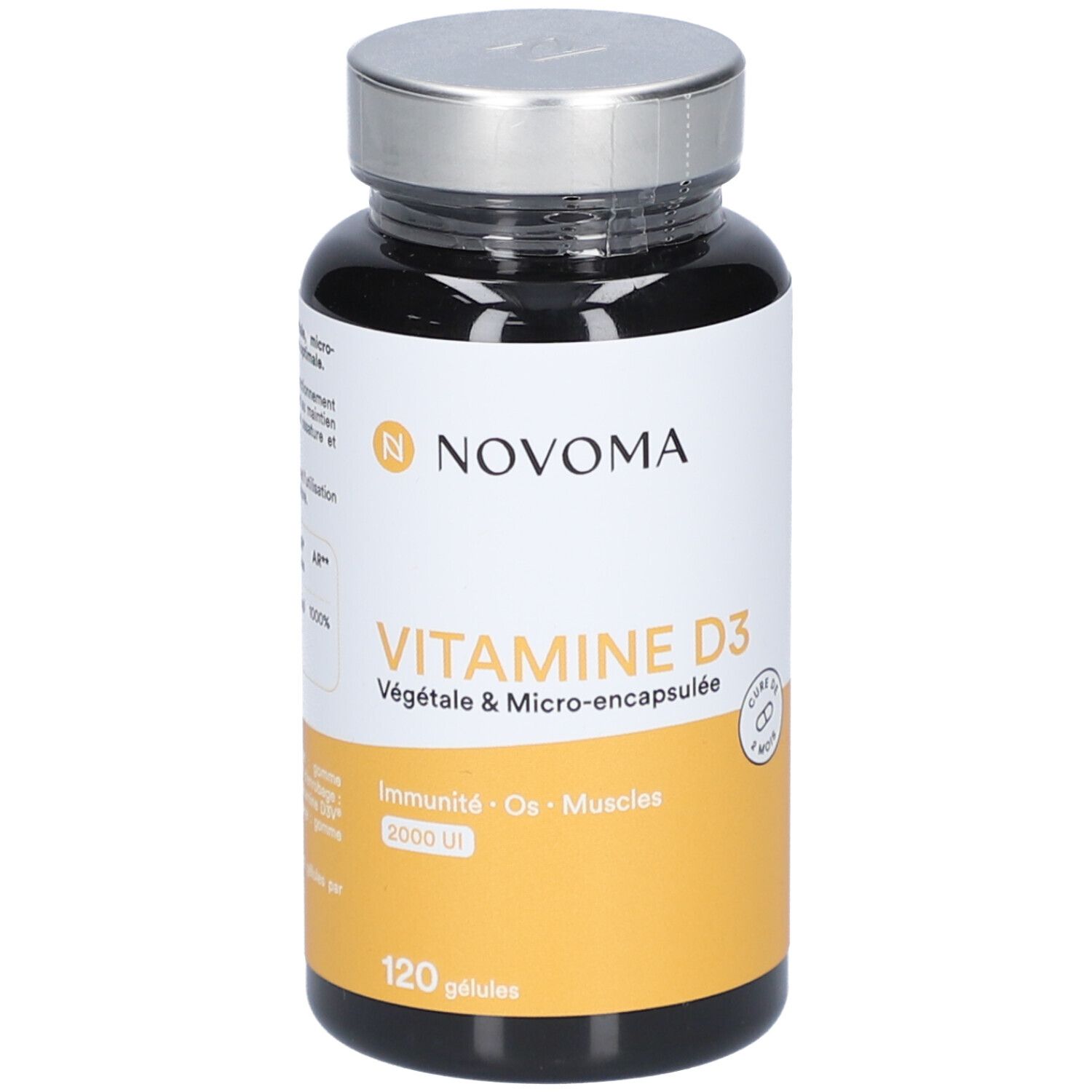 Flacon noir NOVOMA VITAMINE D3. Étiquette jaune avec texte. 120 gélules. Bouchon argenté.