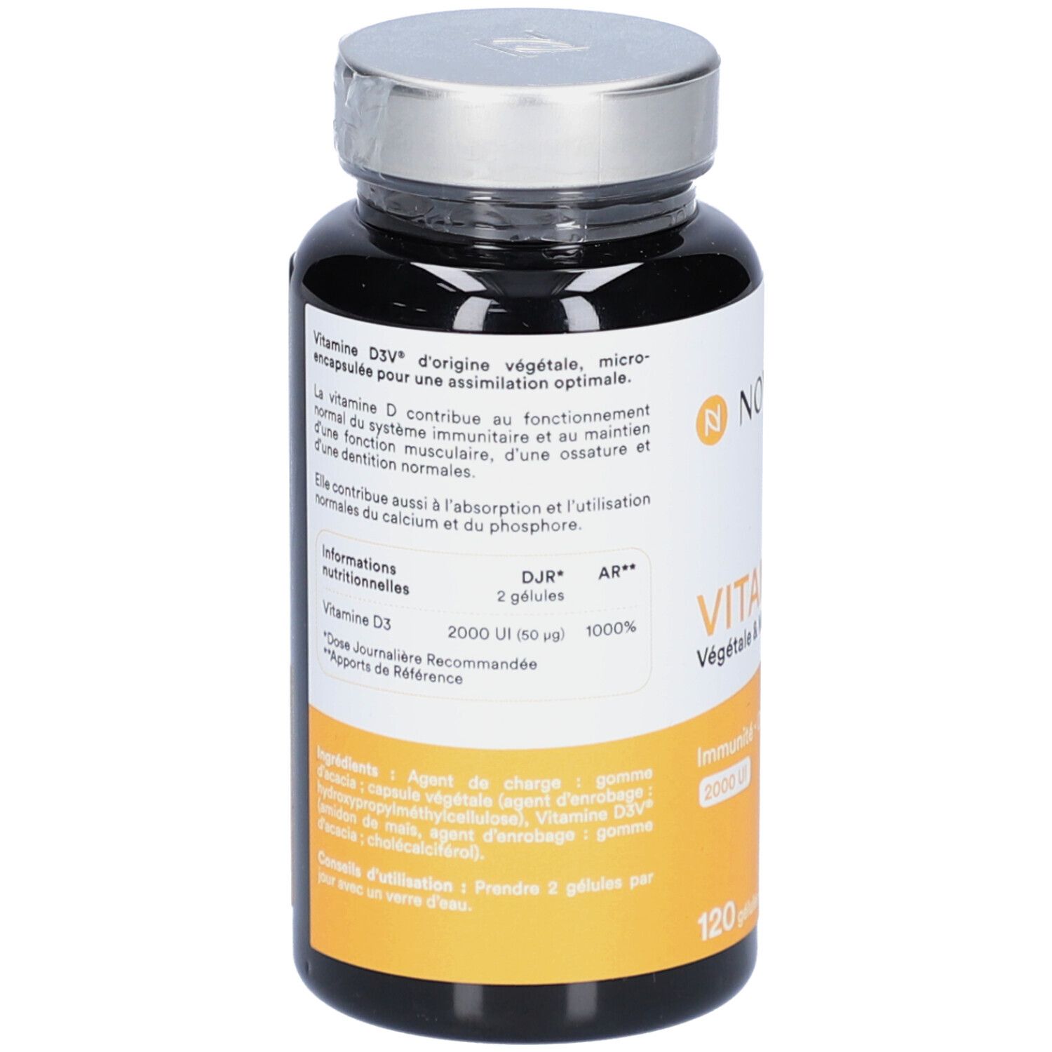 Dos du flacon NOVOMA VITAMINE D3. Étiquette jaune avec texte et informations nutritionnelles. 120 gélules.