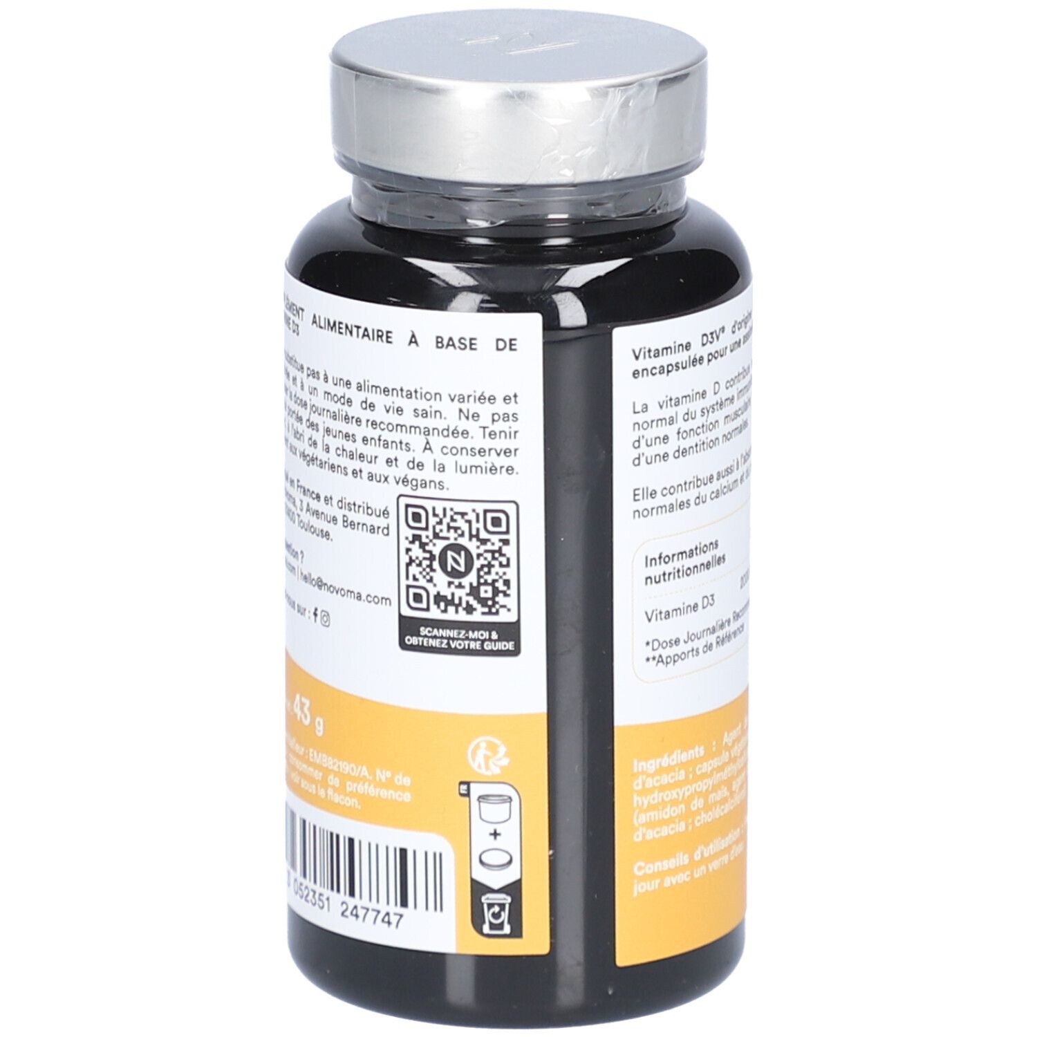 Dos du flacon NOVOMA VITAMINE D3. Étiquette jaune avec texte, QR code et poids. 120 gélules.