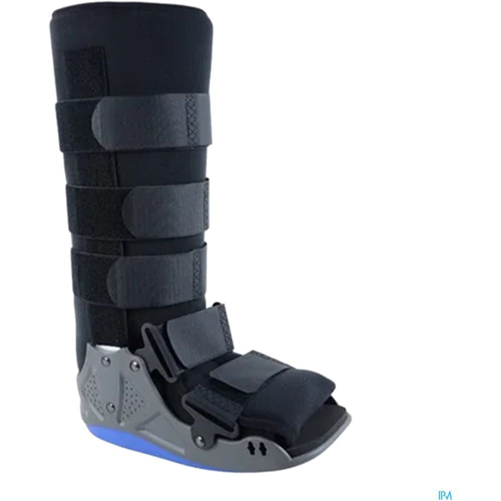 Botte de marche haute, renforts latéraux. Textile noir, éléments en plastique gris, fermetures velcro. Semelle bleue.