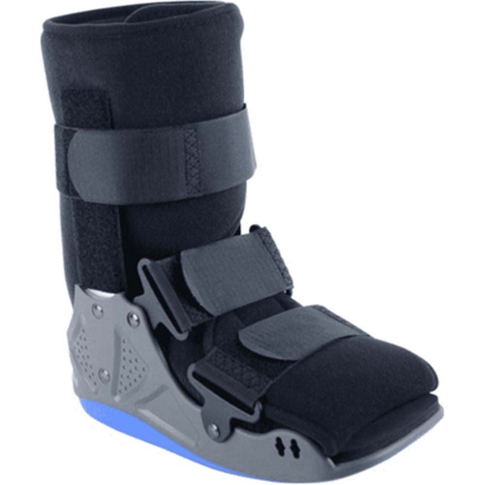 Botte de marche bilatérale courte avec montants latéraux rigides. Noire, semelle grise et bleue, fermetures velcro.