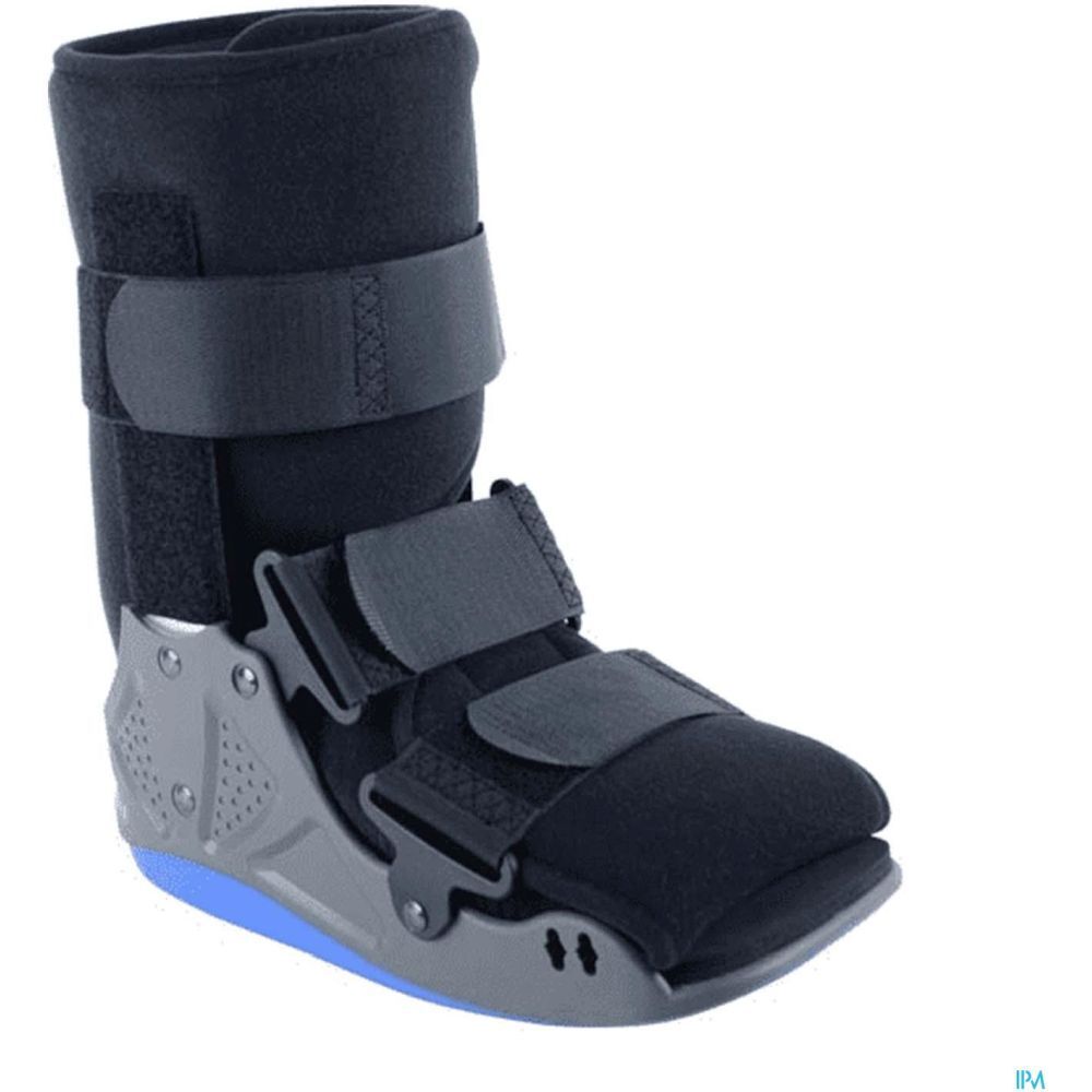 Botte de marche bilatérale courte avec montants latéraux rigides. Noire, semelle grise et bleue, fermetures velcro.