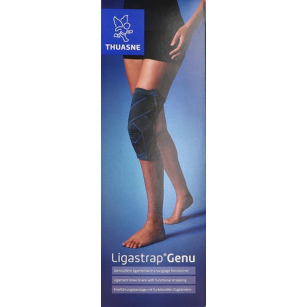 Emballage avec attelle de genou. Marque THUASNE. Nom du produit : Ligastrap® Genu. Jambe portant l'attelle.