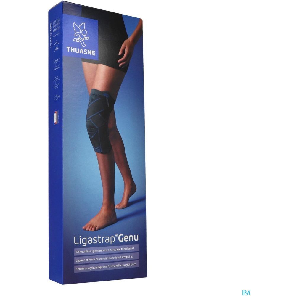 Emballage avec attelle de genou. Marque THUASNE. Nom du produit : Ligastrap® Genu. Emballage bleu avec jambe.