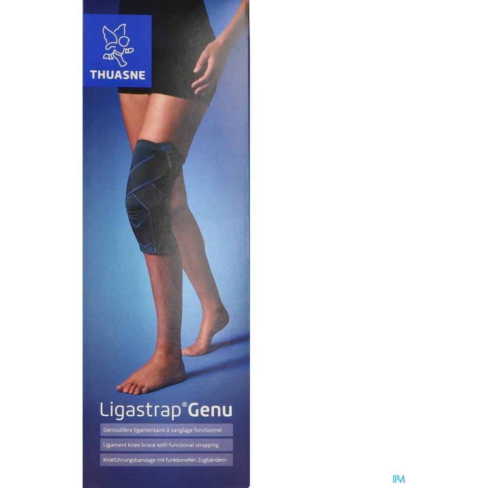 Emballage avec attelle de genou. Marque THUASNE. Nom du produit : Ligastrap® Genu. Emballage bleu avec jambe.