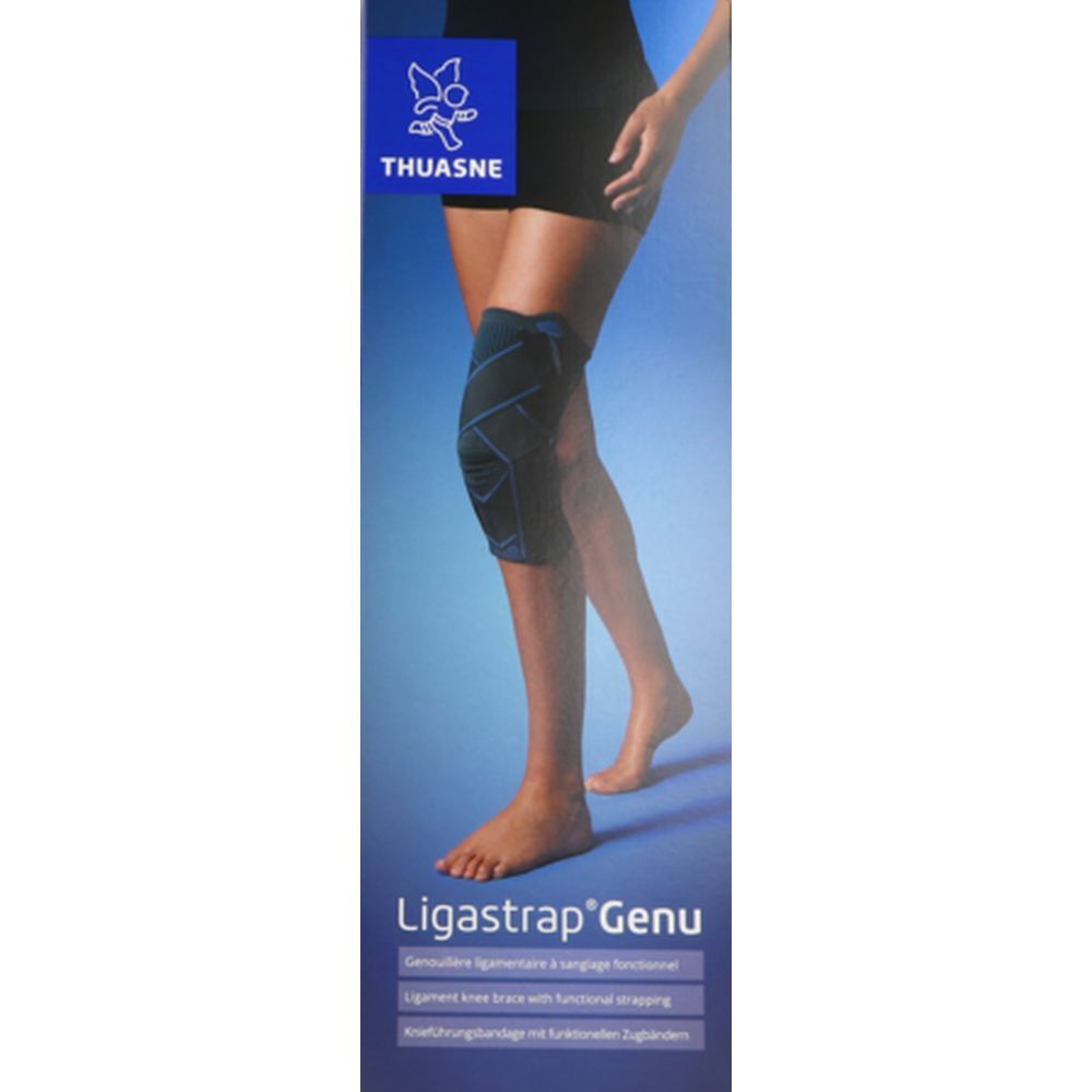 Genouillère THUASNE Ligastrap® Genu, taille 4, portée sur une jambe. Nom du produit et logo visibles.
