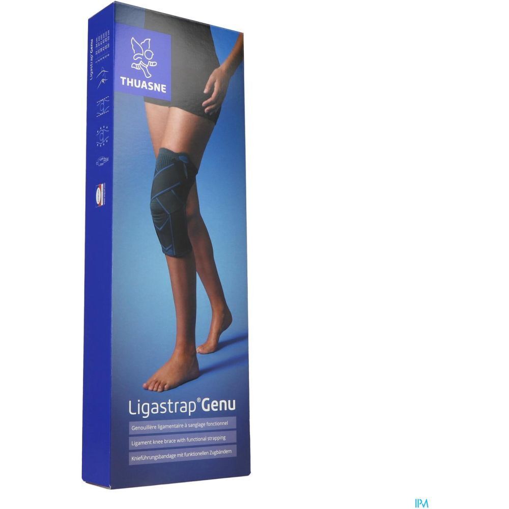 Emballage de la genouillère THUASNE Ligastrap® Genu, taille 4. Nom du produit et logo sur l'emballage.