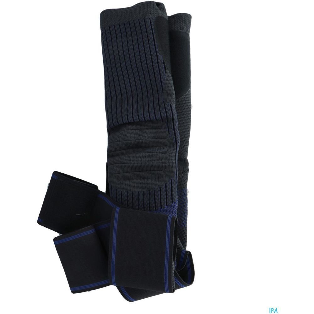 Genouillère noire THUASNE Ligastrap® Genu. Détails de la genouillère et accents bleus visibles.