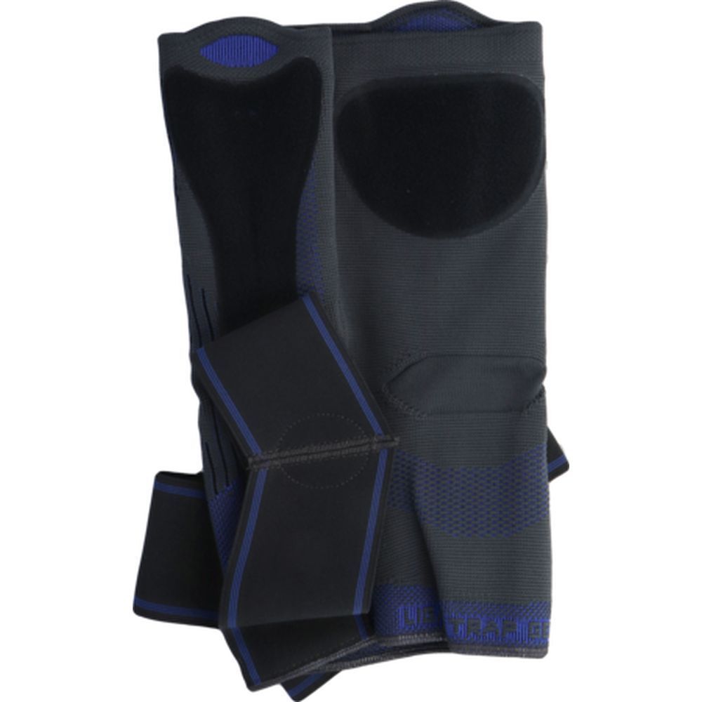 Genouillère THUASNE Ligastrap® Genu, grise et bleue. Avec fermetures velcro et renforts.