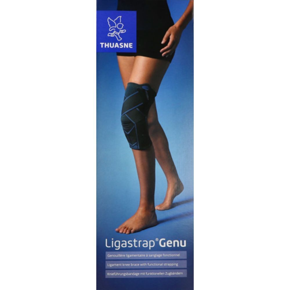 Emballage de la genouillère THUASNE Ligastrap® Genu. Produit présenté sur la jambe d'une personne.