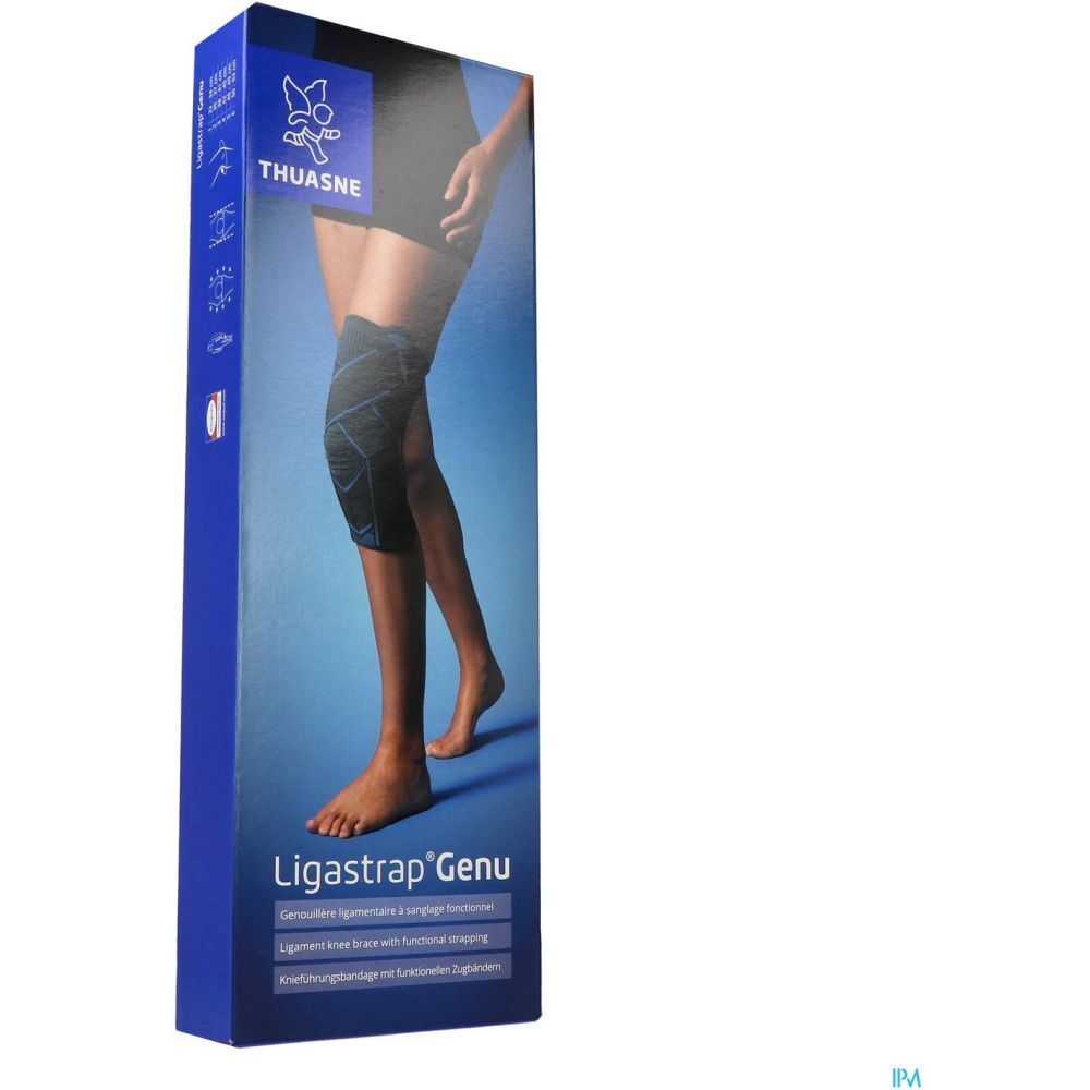 Emballage de la genouillère THUASNE Ligastrap® Genu. Produit présenté sur la jambe d'une personne.