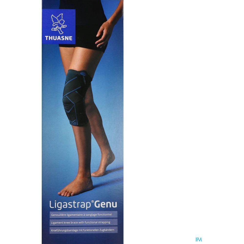 Emballage de la genouillère THUASNE Ligastrap® Genu. Produit présenté sur la jambe d'une personne.