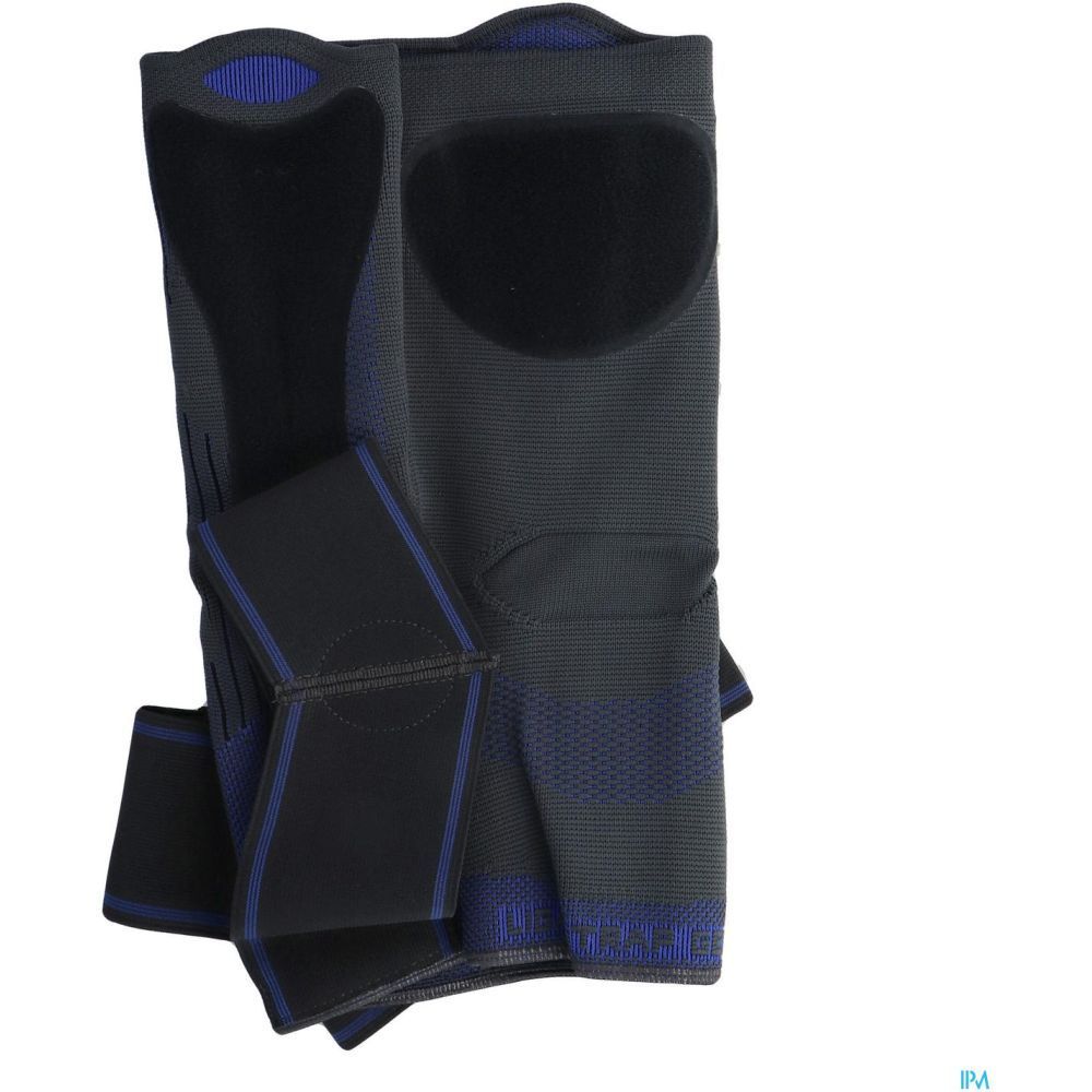 Genouillère THUASNE Ligastrap® Genu, grise et bleue. Avec fermetures velcro et renforts.
