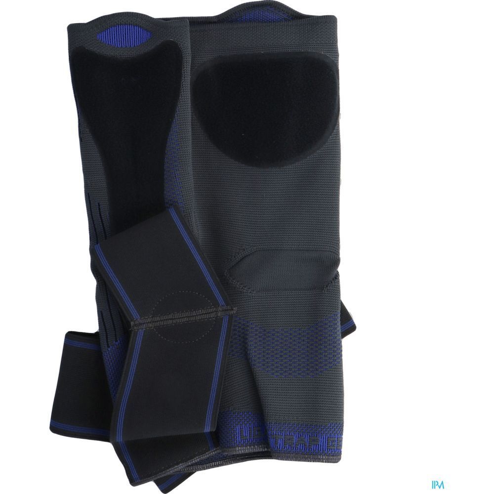 Genouillère THUASNE Ligastrap® Genu, grise et bleue. Avec fermetures velcro et renforts.