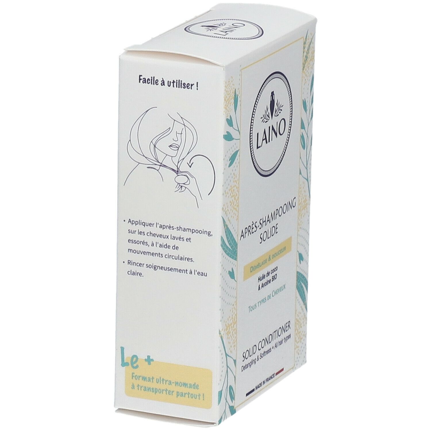 Boîte de conditionneur solide LAINO. Inscriptions: APRES-SHAMPOOING SOLIDE, SOLID CONDITIONER. Instructions d'utilisation avec illustration.