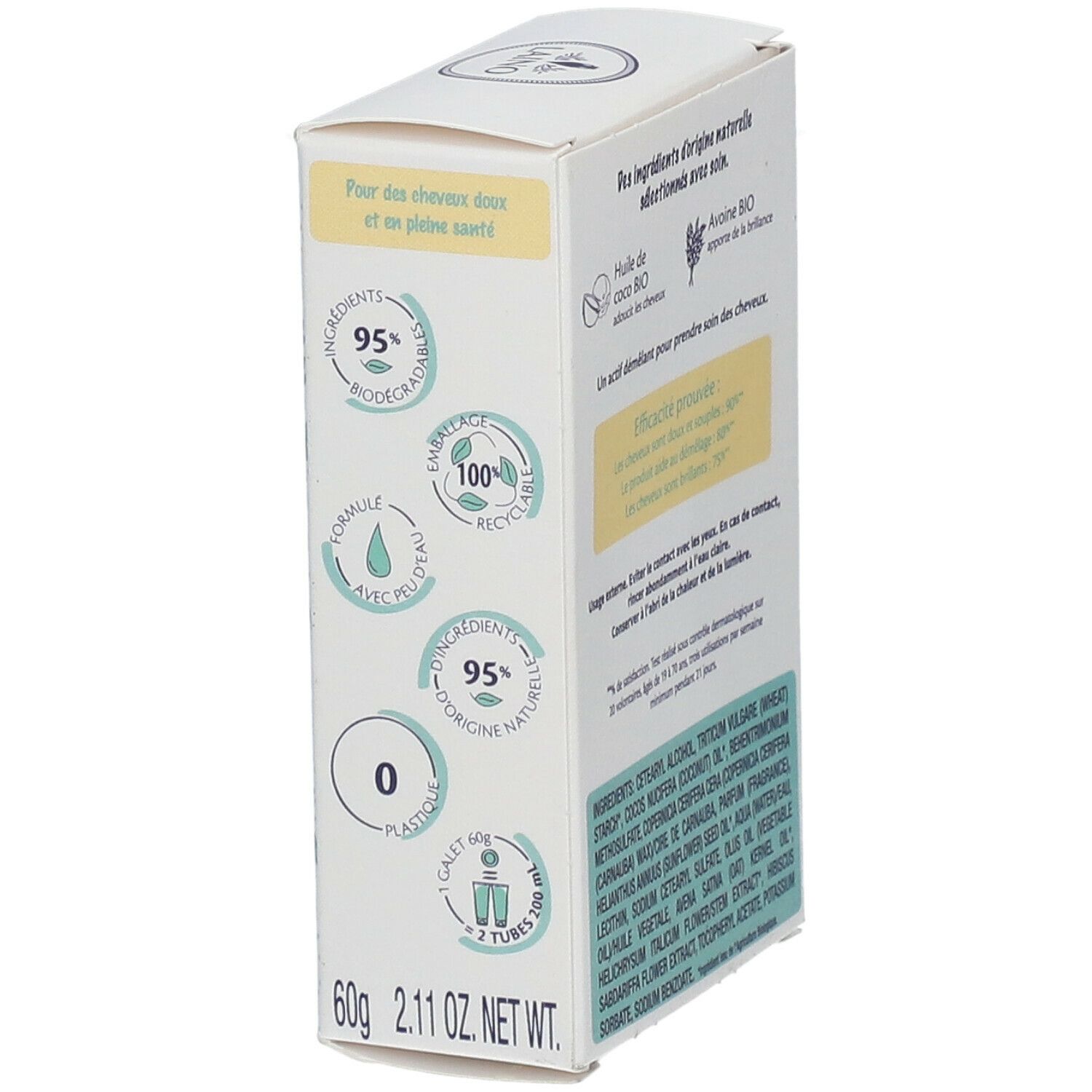 Boîte de conditionneur solide LAINO. Inscriptions: APRES-SHAMPOOING SOLIDE, SOLID CONDITIONER. Ingrédients et labels environnementaux.