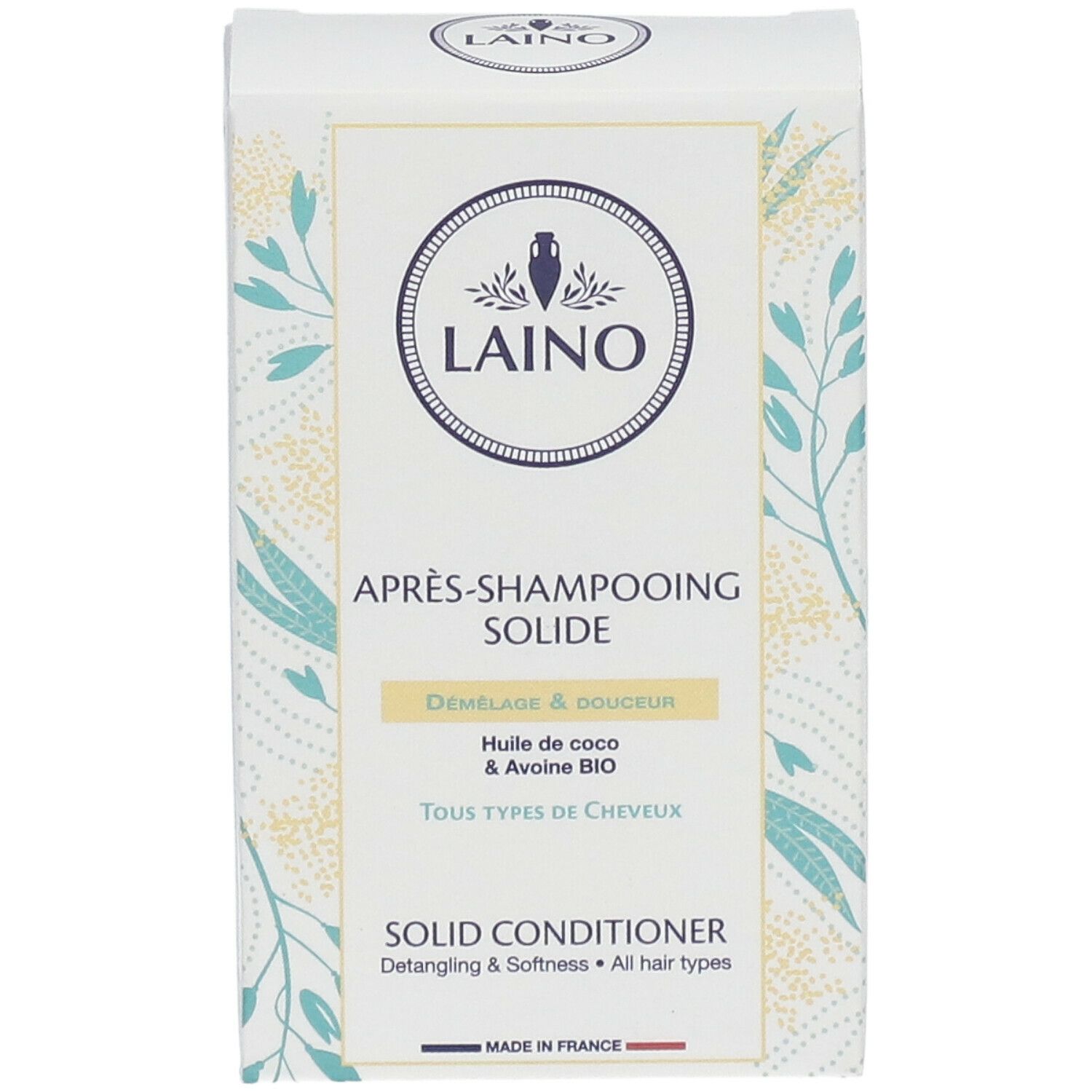Boîte de conditionneur solide LAINO. Inscriptions: APRES-SHAMPOOING SOLIDE, SOLID CONDITIONER. Huile de coco et avoine BIO. Tous types de cheveux.