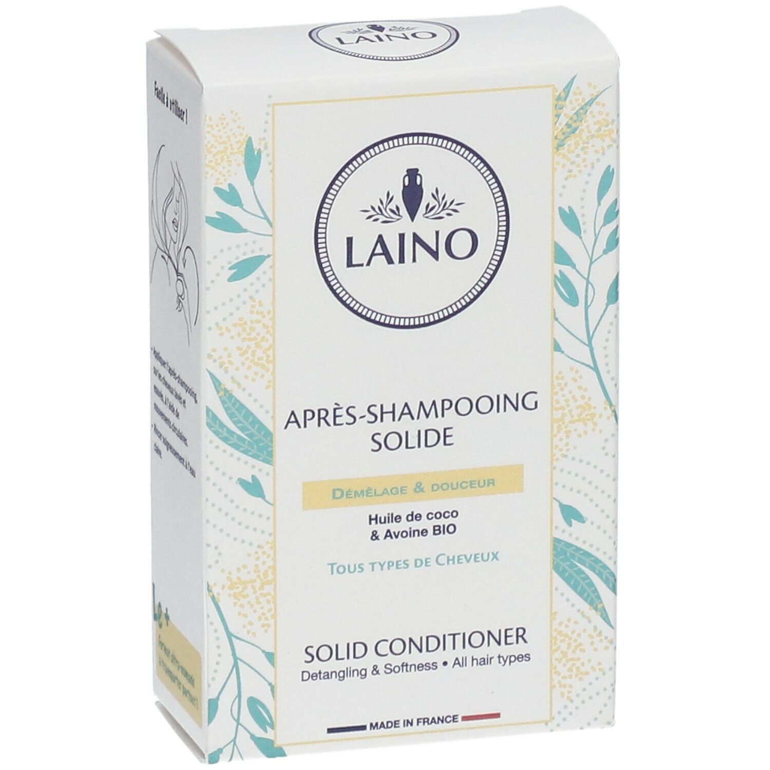Boîte de conditionneur solide LAINO. Inscriptions: APRES-SHAMPOOING SOLIDE, SOLID CONDITIONER. Huile de coco et avoine BIO. Tous types de cheveux.