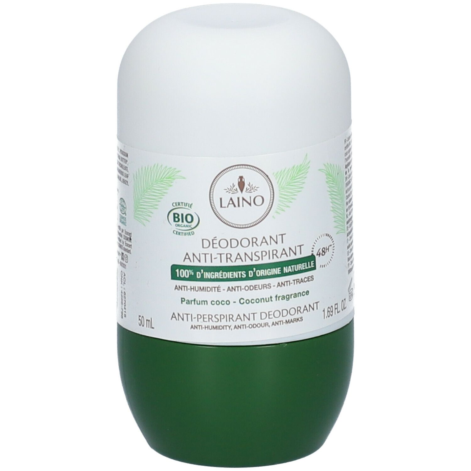 Roll-on déodorant avec capuchon blanc et base verte. Inscriptions : LAINO, Anti-transpirant, certification BIO, parfum coco.