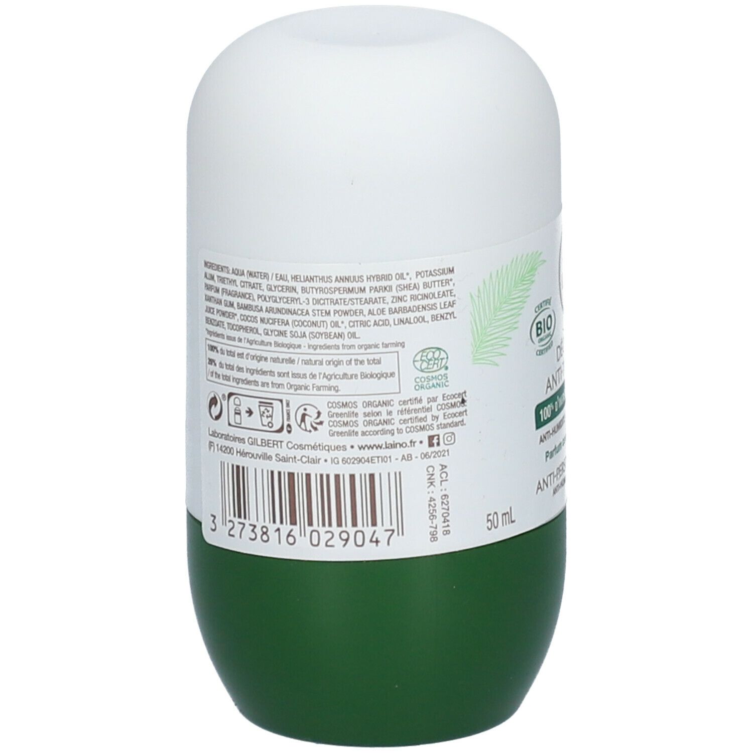Dos du roll-on déodorant. Ingrédients, code-barres et certifications. Base verte, capuchon blanc.