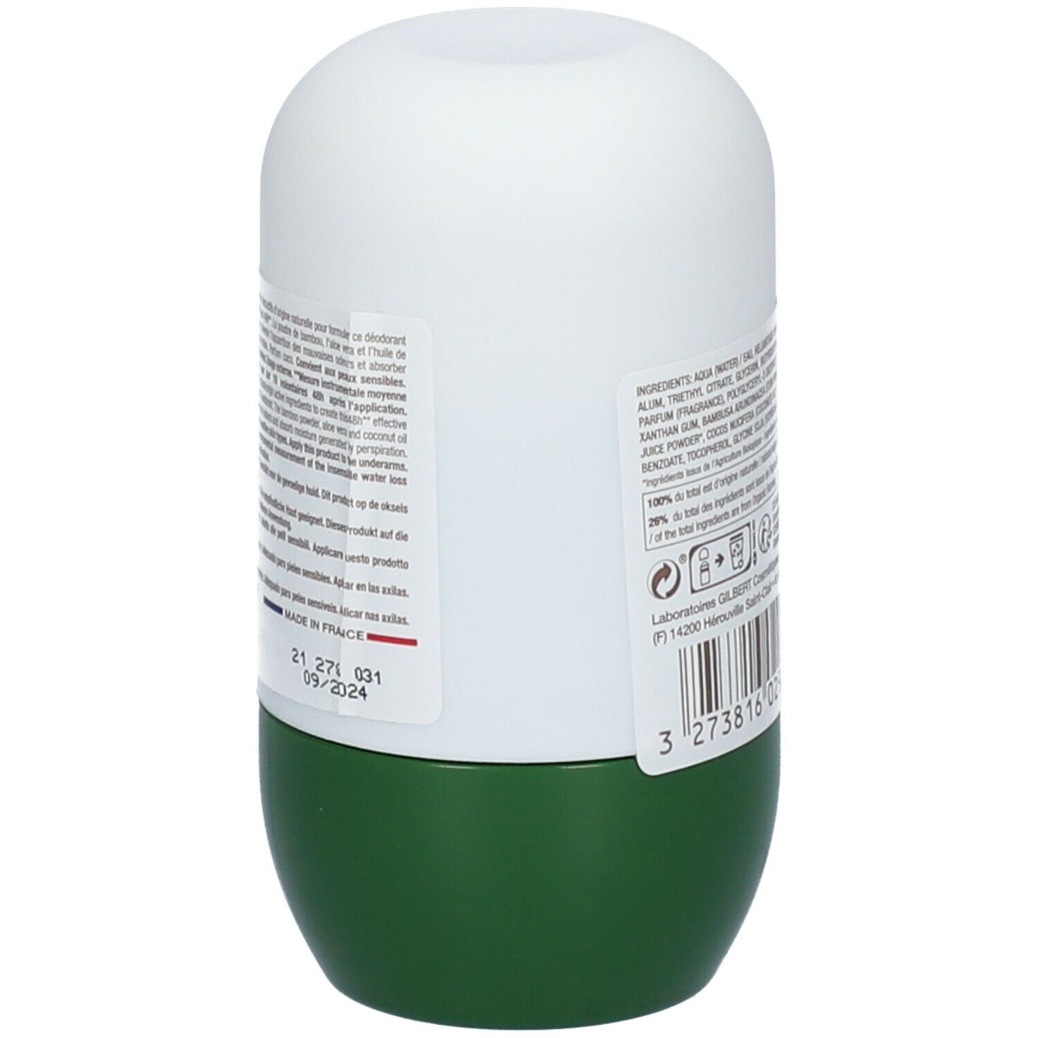 Roll-on déodorant, dos avec texte. Base verte, capuchon blanc. Date de péremption : 09/2024.