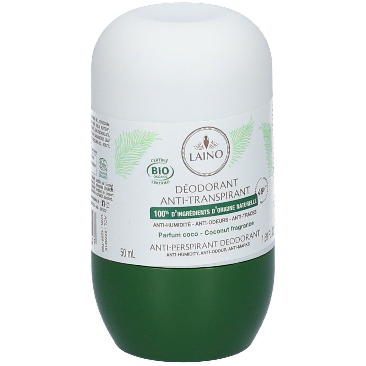 Roll-on déodorant avec capuchon blanc et base verte. Inscriptions : LAINO, Anti-transpirant, certification BIO, parfum coco.