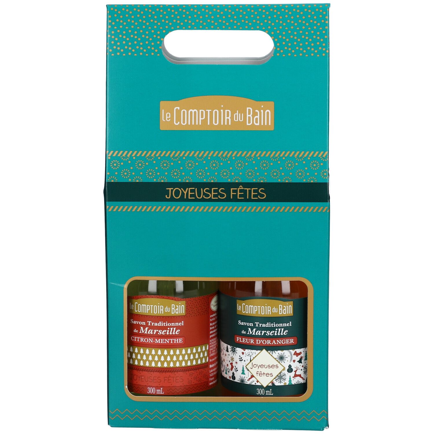 Coffret cadeau avec deux flacons de gel douche. Emballage turquoise avec logo et texte. Flacons rouge et vert visibles.