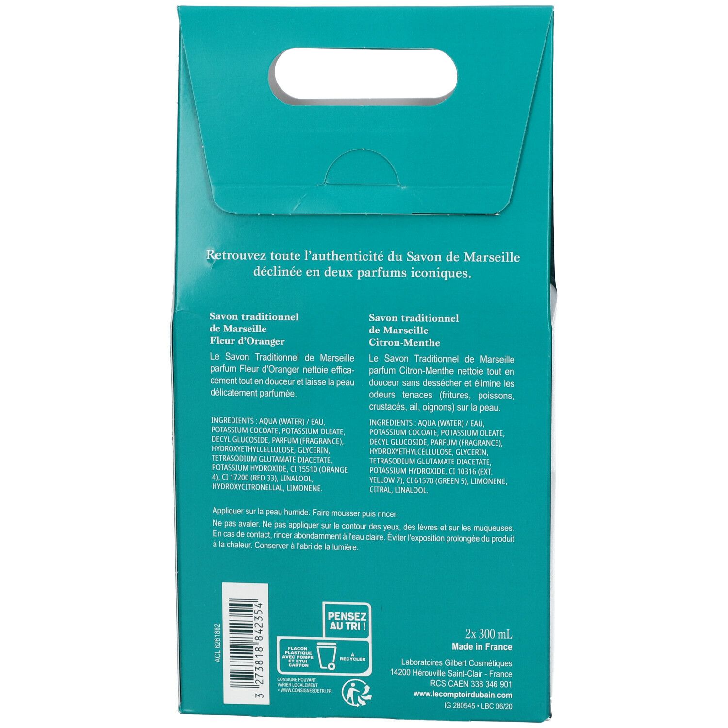 Dos du coffret cadeau. Texte en français. Contient des informations sur le produit et les ingrédients. Deux flacons de 300 ml.