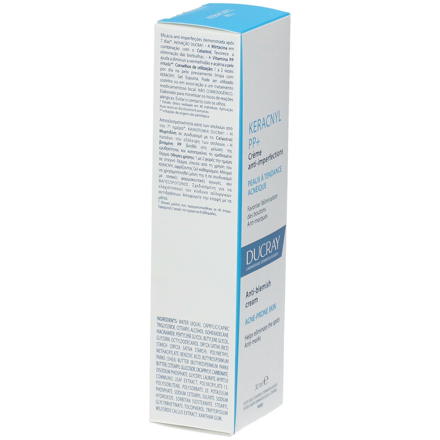 Emballage du produit. Dos avec texte. Ingrédients et informations. Fond blanc.