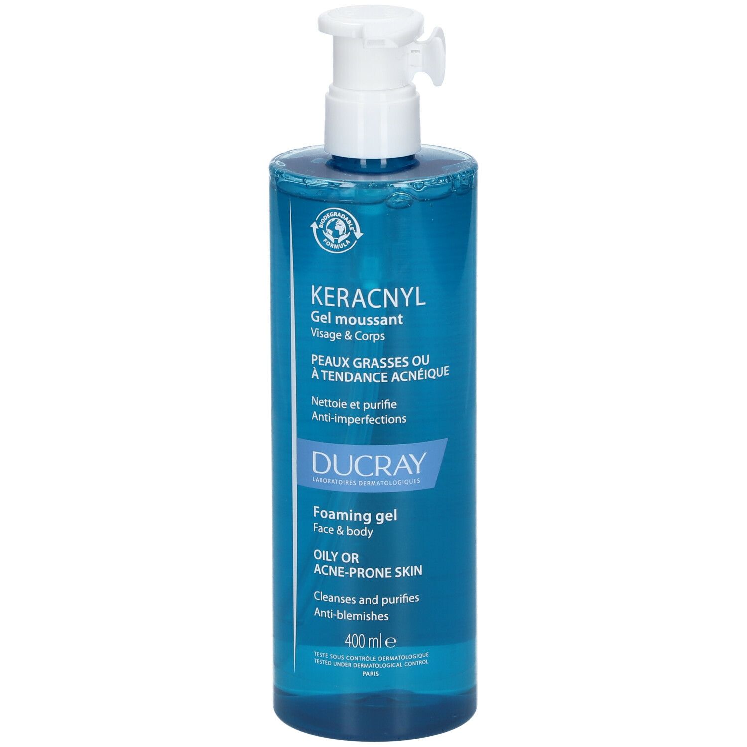Flacon bleu transparent avec pompe. Texte : KERACNYL, Gel moussant, Visage & Corps. Marque DUCRAY. 400 ml.