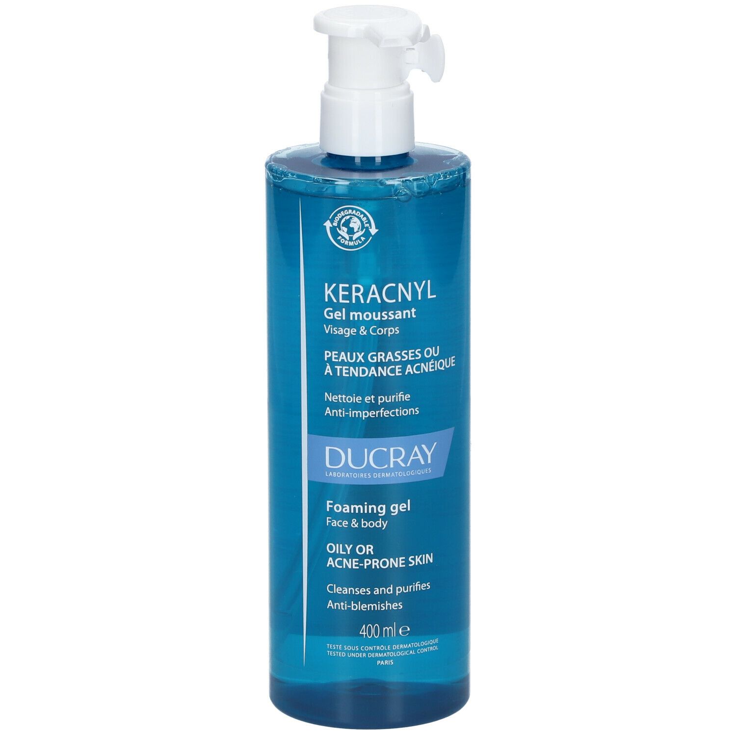 Flacon bleu transparent avec pompe. Texte : KERACNYL, Gel moussant, Visage & Corps. Marque DUCRAY. 400 ml.