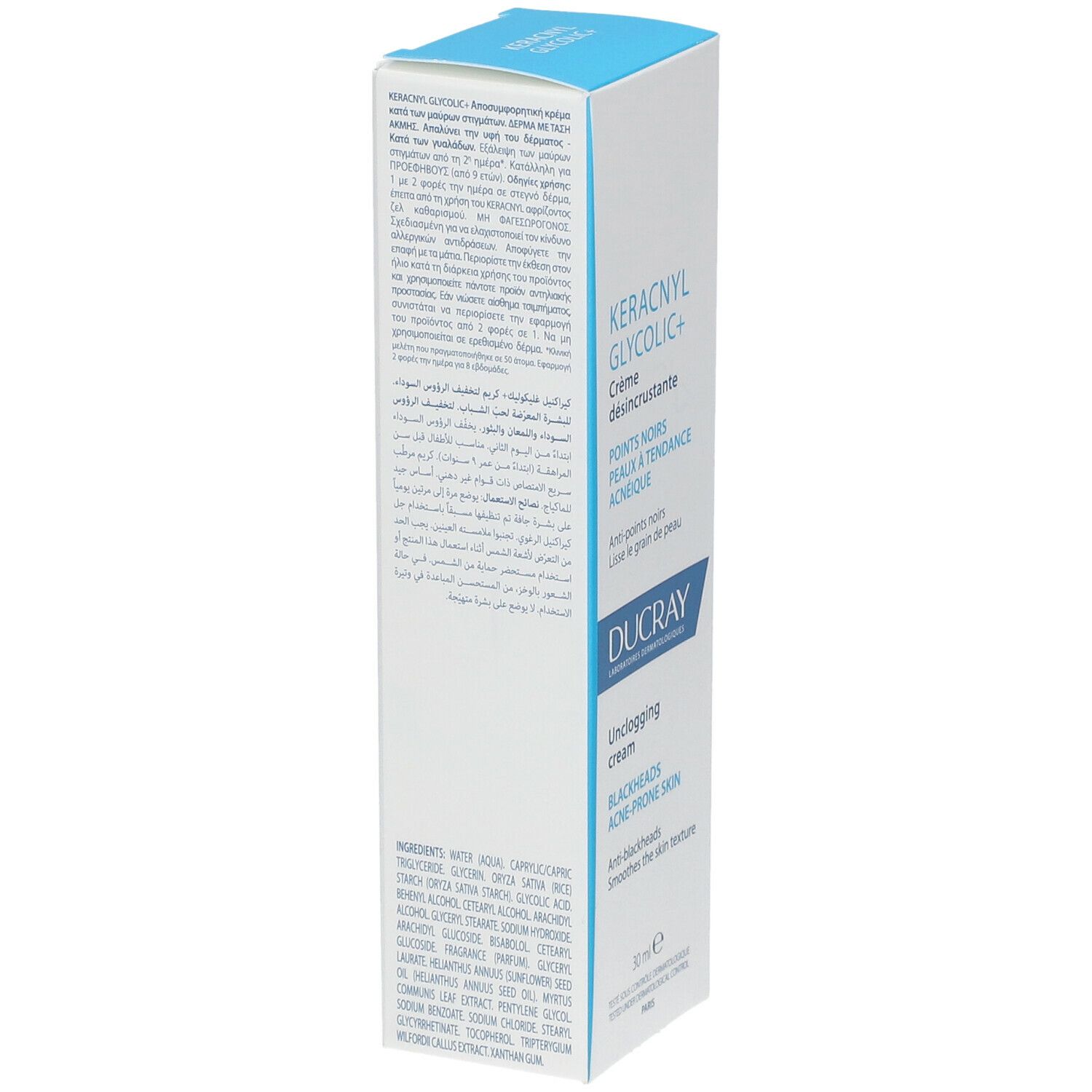 Boîte blanche, vue latérale. Inscription : KERACNYL GLYCOLIC+ Crème désincrustante. Logo DUCRAY. 30ml.