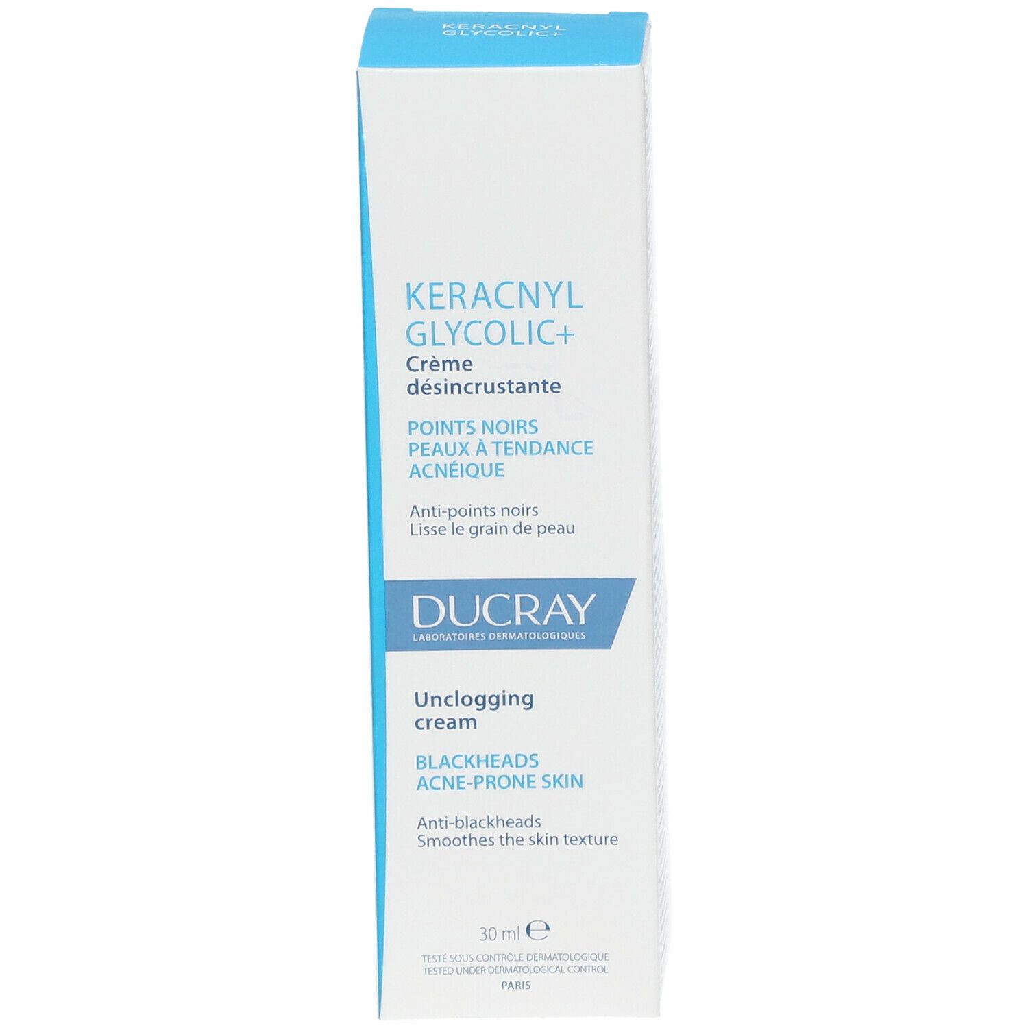 Boîte blanche. Inscription : KERACNYL GLYCOLIC+ Crème désincrustante. Logo DUCRAY. 30ml.