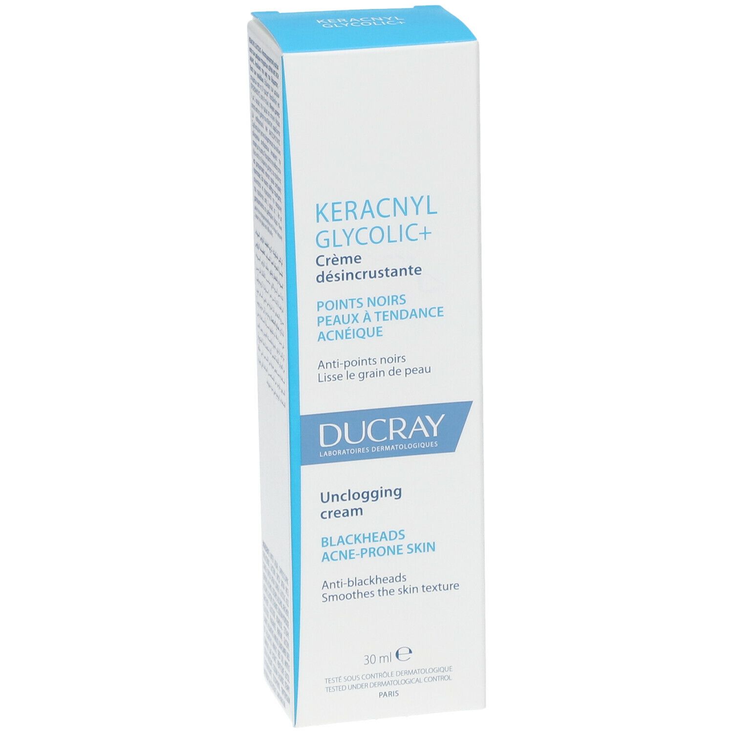 Boîte blanche. Inscription : KERACNYL GLYCOLIC+ Crème désincrustante. Logo DUCRAY. 30ml.