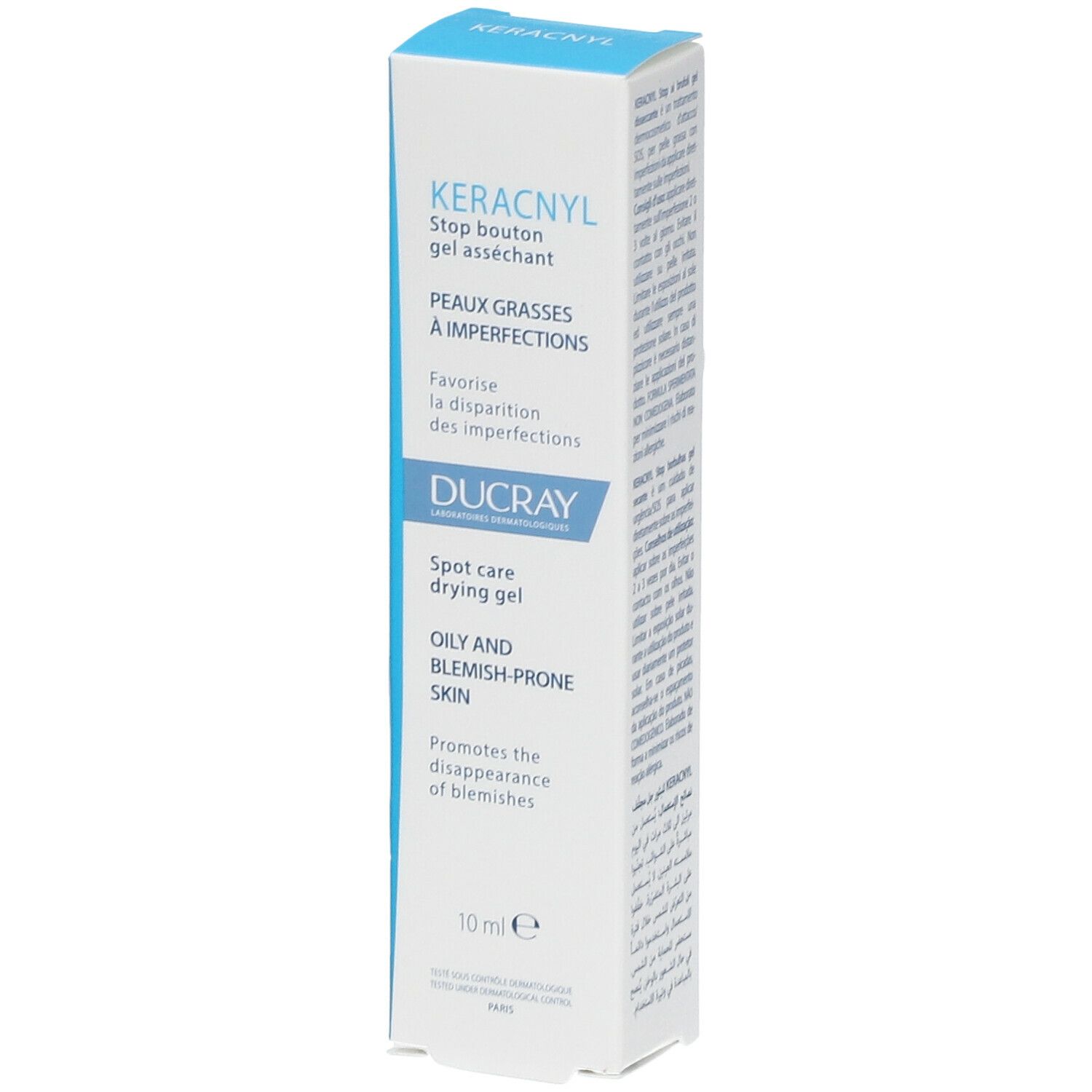Emballage carton. Inscriptions: KERACNYL, Stop bouton gel asséchant, Peaux grasses à imperfections, DUCRAY, Spot care drying gel. 10 ml.