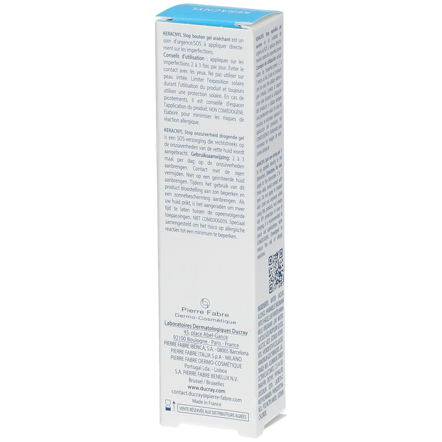 Emballage carton. Dos avec texte multilingue. Informations d'utilisation et ingrédients. Logo.
