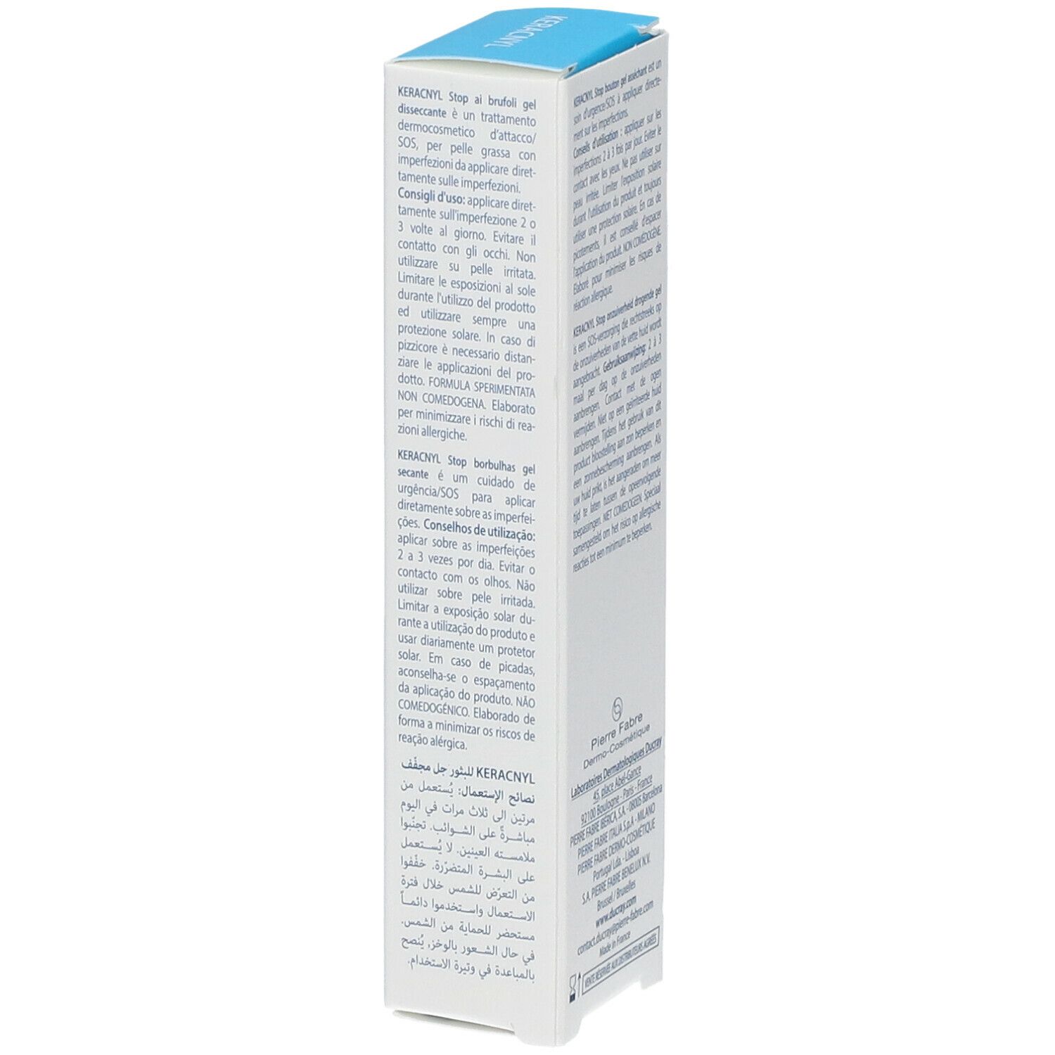 Emballage carton. Dos avec texte multilingue. Informations d'utilisation et ingrédients. Logo.