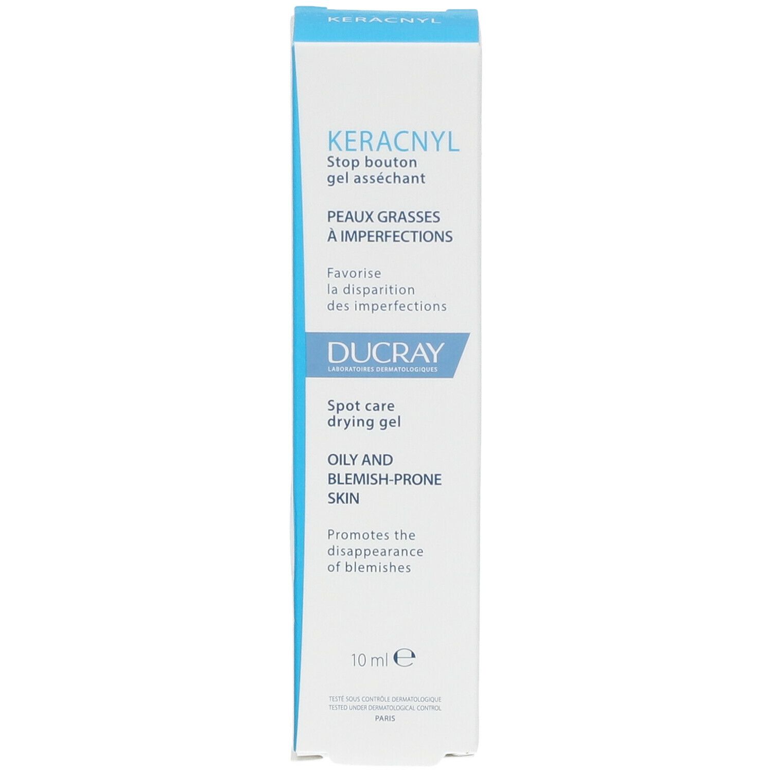 Emballage carton. Inscriptions: KERACNYL, Stop bouton gel asséchant, Peaux grasses à imperfections, DUCRAY, Spot care drying gel. 10 ml.