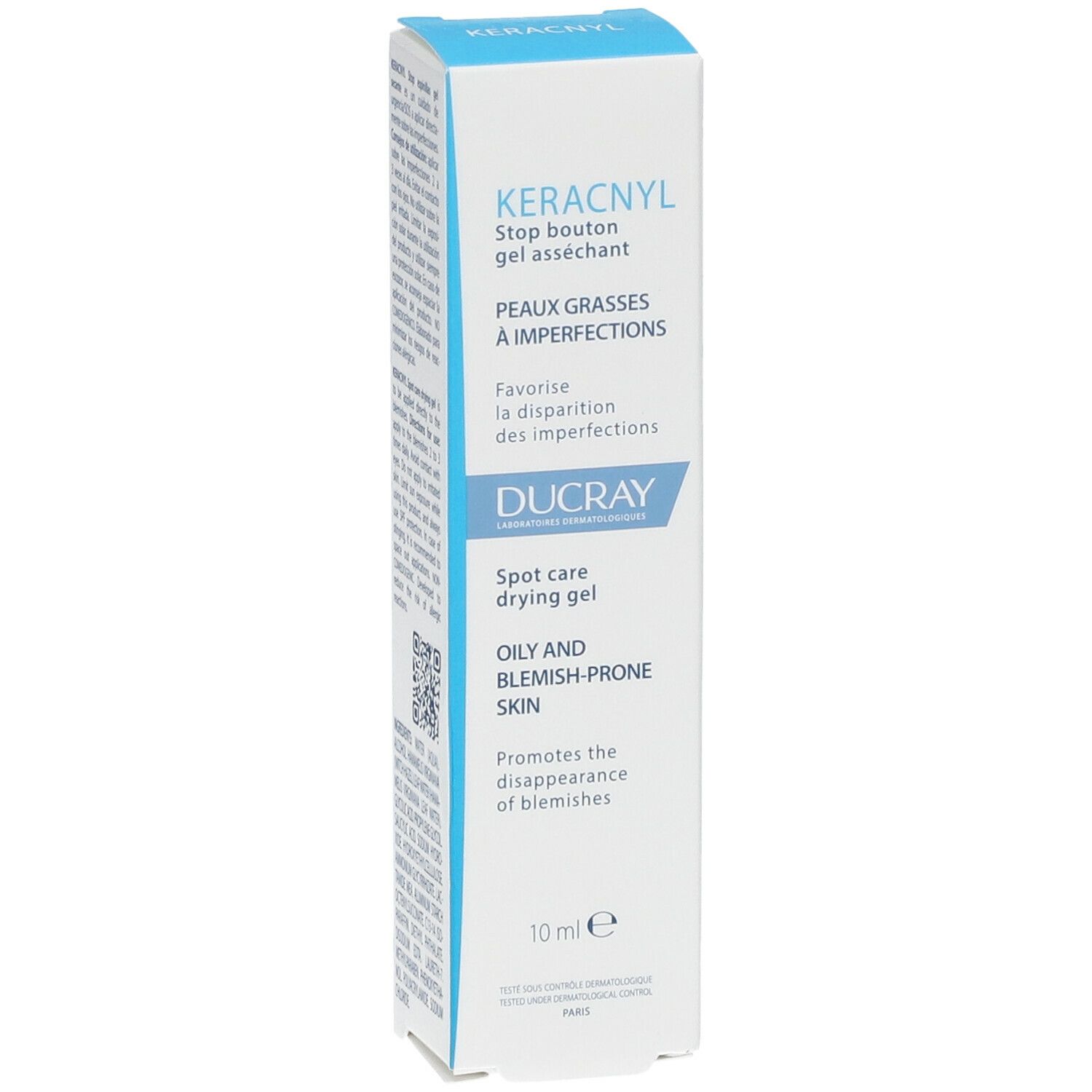 Emballage carton. Inscriptions: KERACNYL, Stop bouton gel asséchant, Peaux grasses à imperfections, DUCRAY, Spot care drying gel. 10 ml.