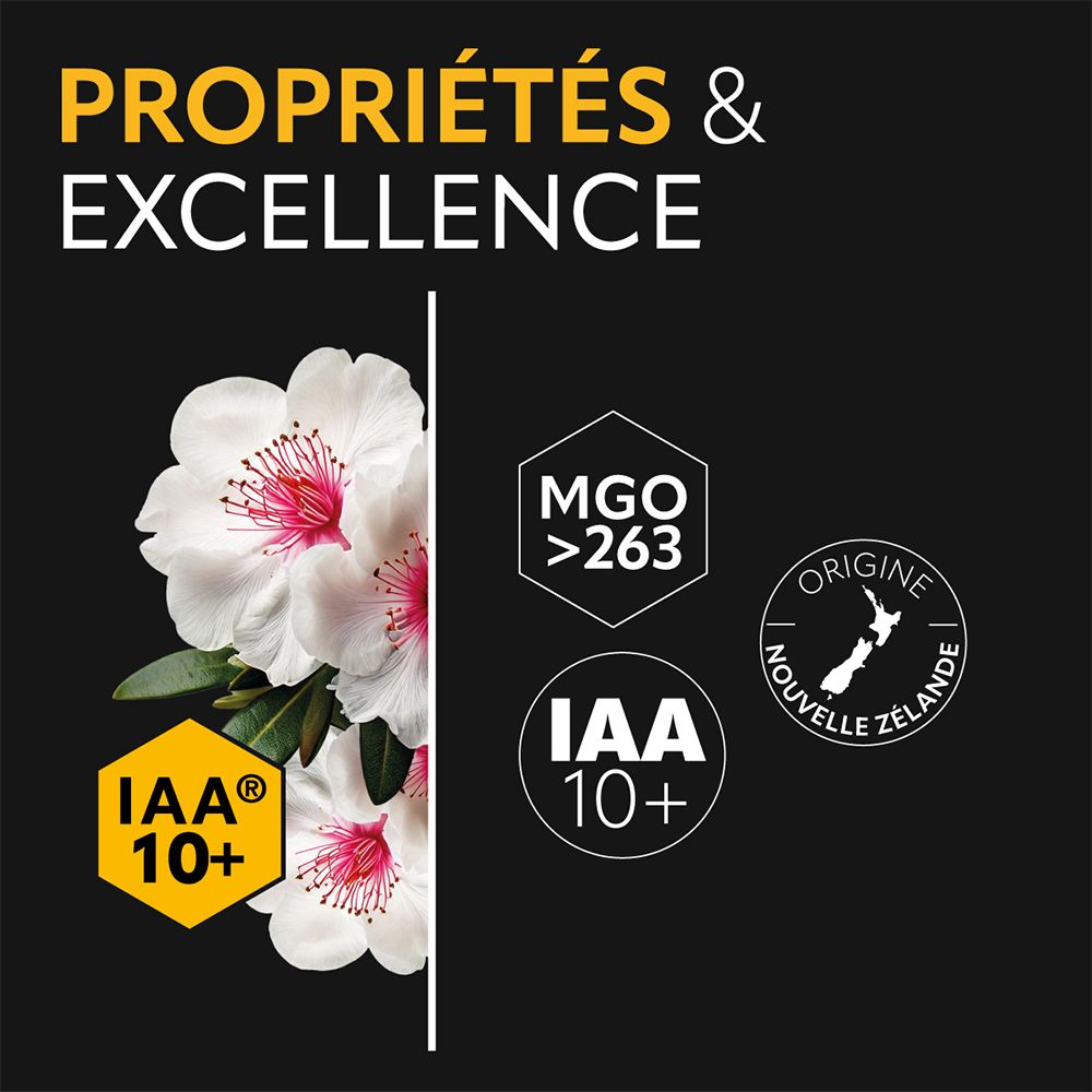 Fleurs et certifications IAA 10+ et MGO >263 sur fond noir. Indication d'origine Nouvelle-Zélande.
