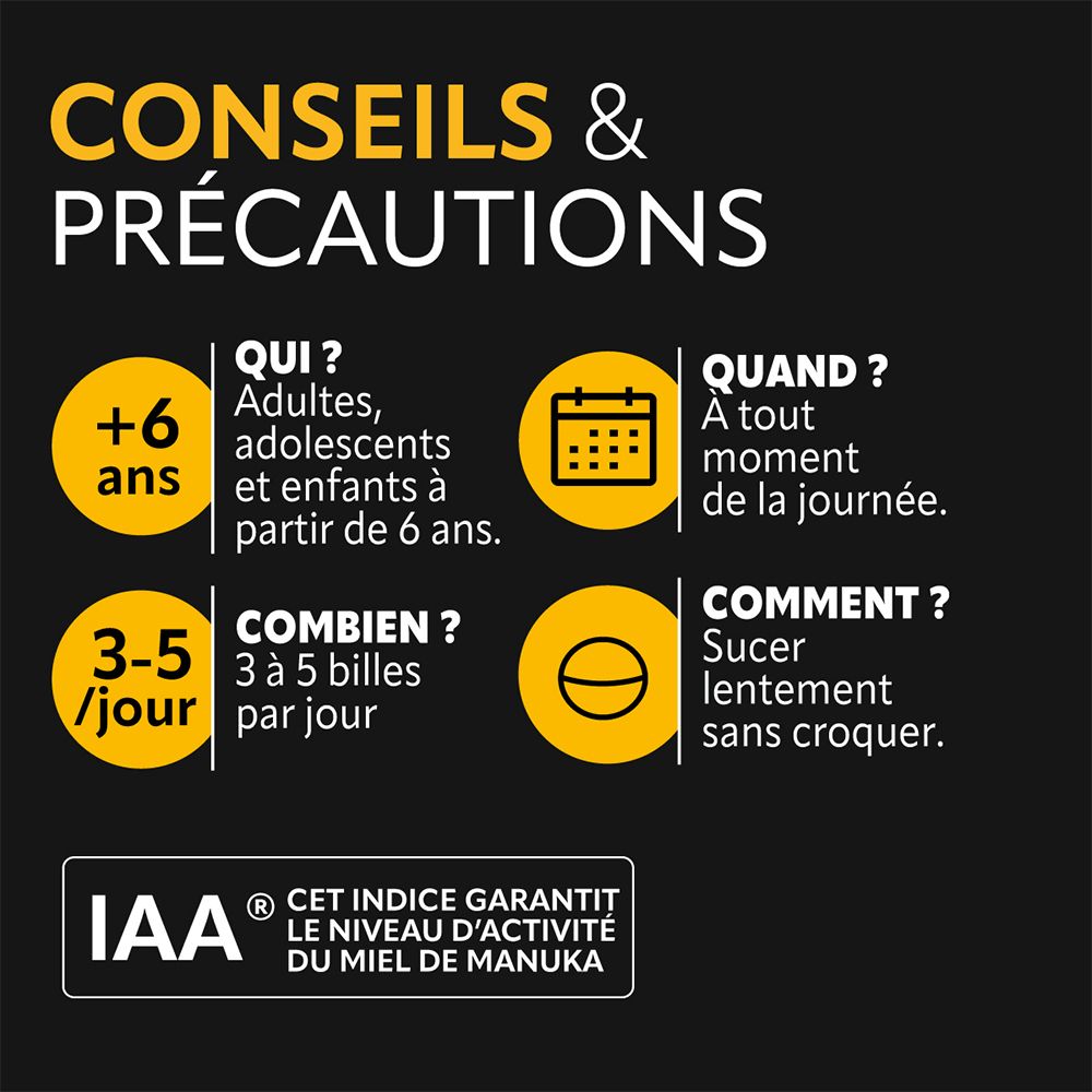Informations sur l'utilisation et les précautions. Convient à partir de 6 ans. Posologie : 3-5 pastilles par jour.