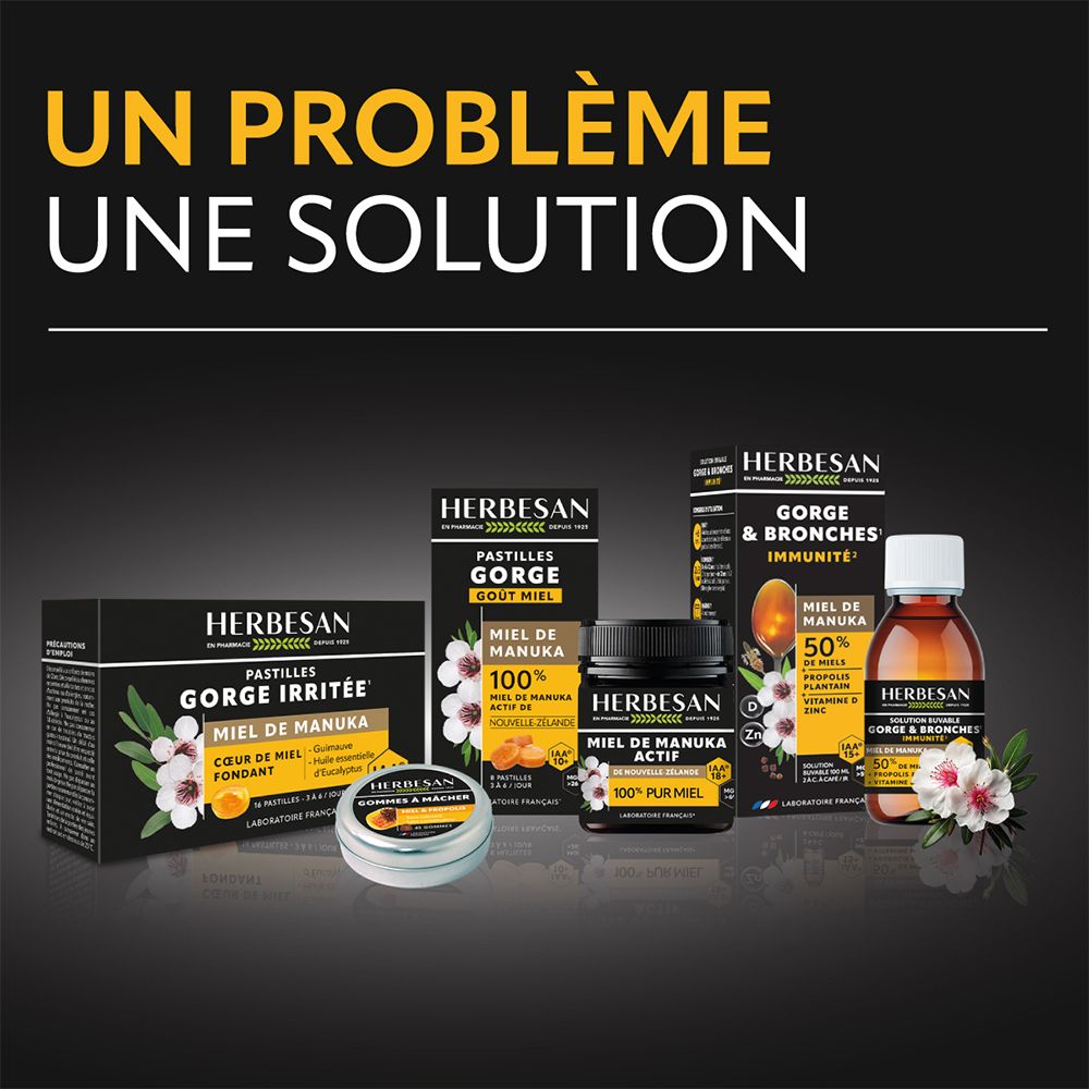 Divers produits HERBESAN : pastilles, miel, sirop. Tous au miel de Manuka. Différentes présentations.