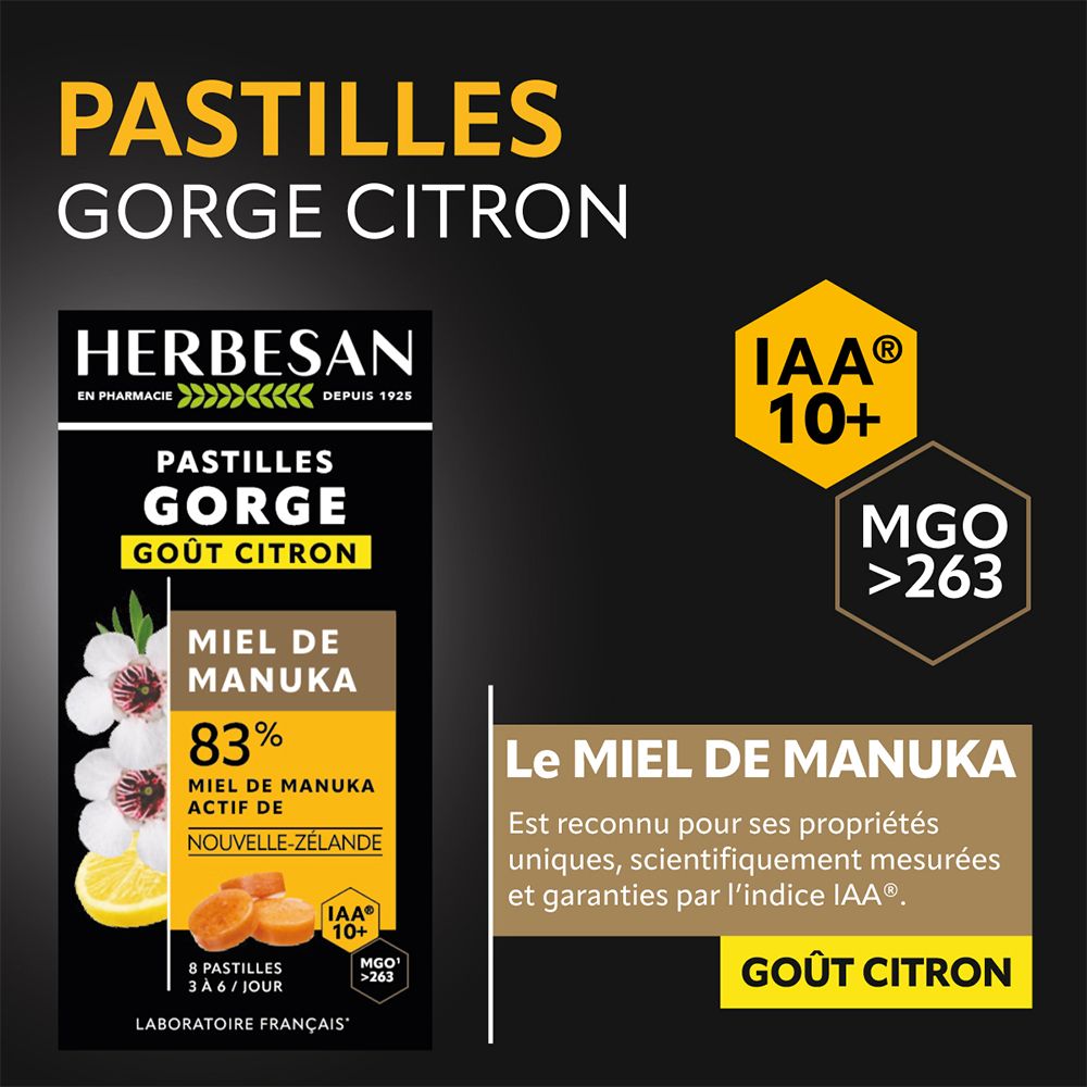 Emballage de pastilles. Inscription: Pastilles Gorge Goût Citron, Herbesan, IAA 10+, MGO >263. Information miel.