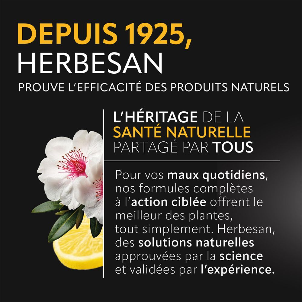 Texte: Depuis 1925, Herbesan. Santé naturelle. Fleurs, citron. Solutions naturelles.